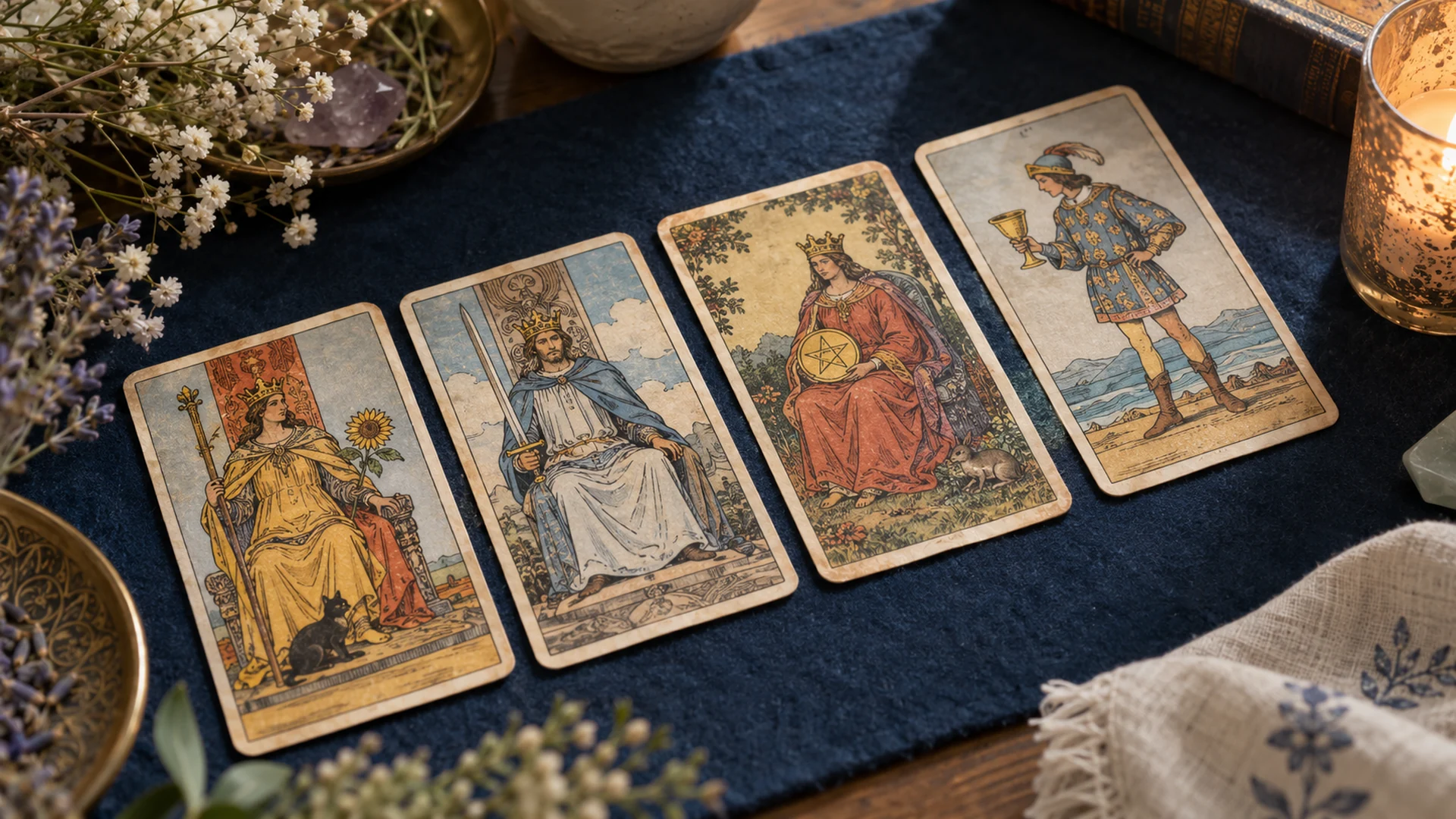 Composición editorial de cartas de tarot para la guía «Cartas de corte en el tarot: personas, actitudes y papeles»