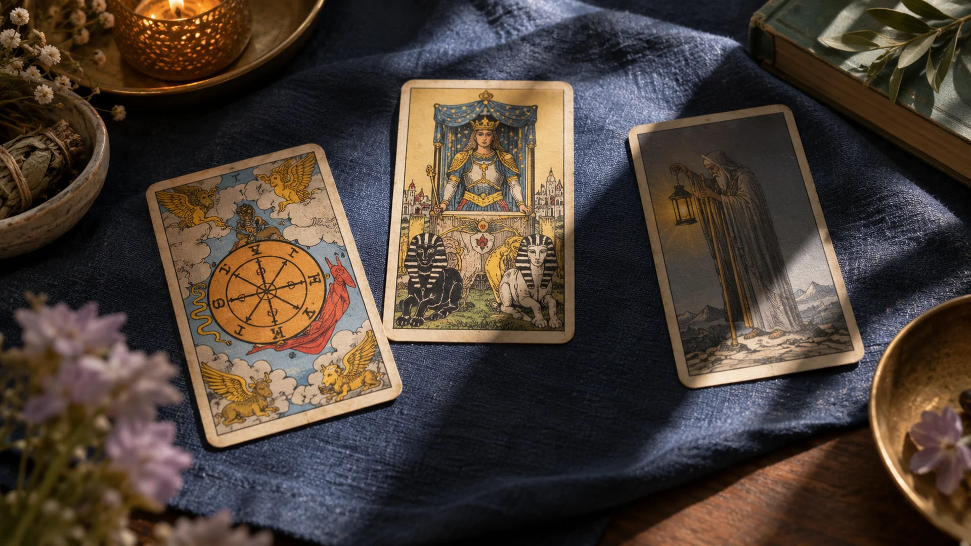Composición editorial de tarot para la guía «Cartas del tarot que hablan de cambios»