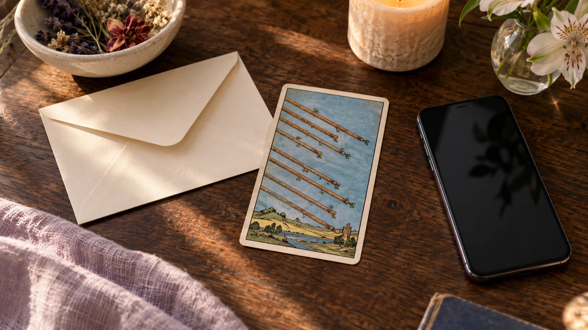 Composición editorial de tarot para la guía «Cartas del tarot que hablan de comunicación»