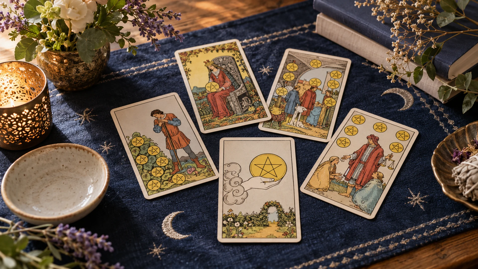 Composición editorial de tarot para la guía «Cartas del tarot que hablan de dinero»
