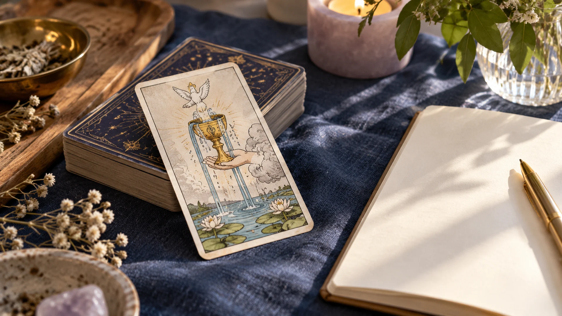 Composición editorial de tarot para la guía «Cartas del tarot que hablan de nuevos comienzos»