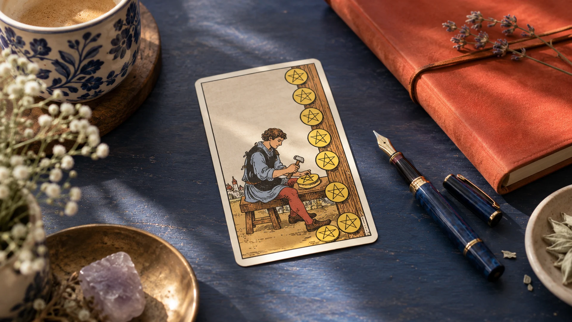 Composición editorial de tarot para la guía «Cartas del tarot que hablan de trabajo»