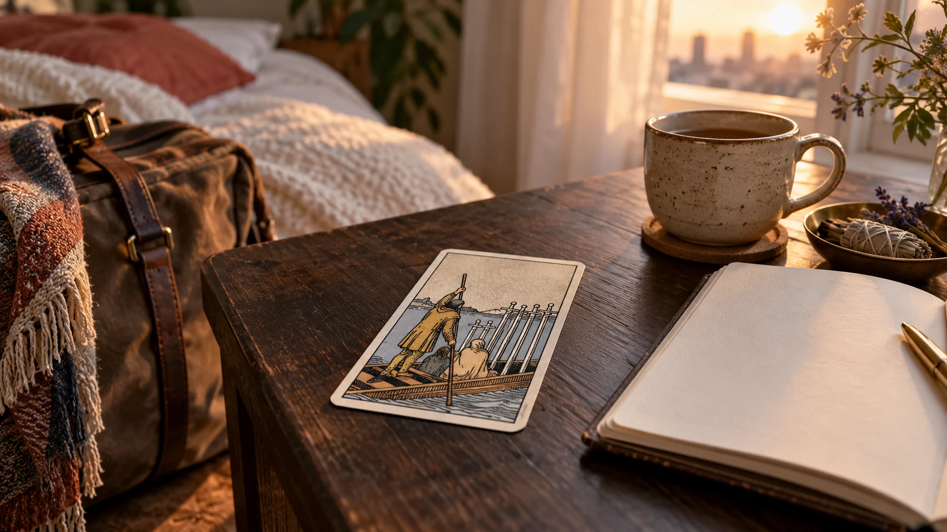 Composición editorial de tarot para la guía «Cartas del tarot que hablan de viajes y mudanzas»
