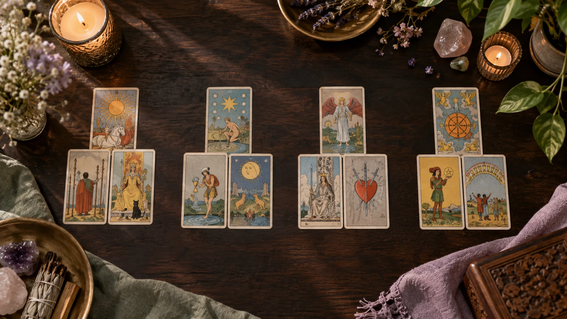 Composición editorial de cartas de tarot para la guía «Copas, Espadas, Bastos y Oros en una tirada»