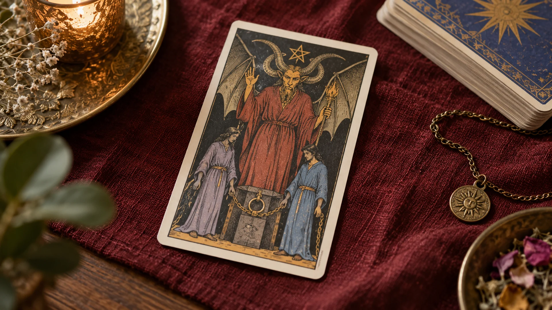 Composición editorial de tarot para la guía «El Diablo en el tarot del amor»