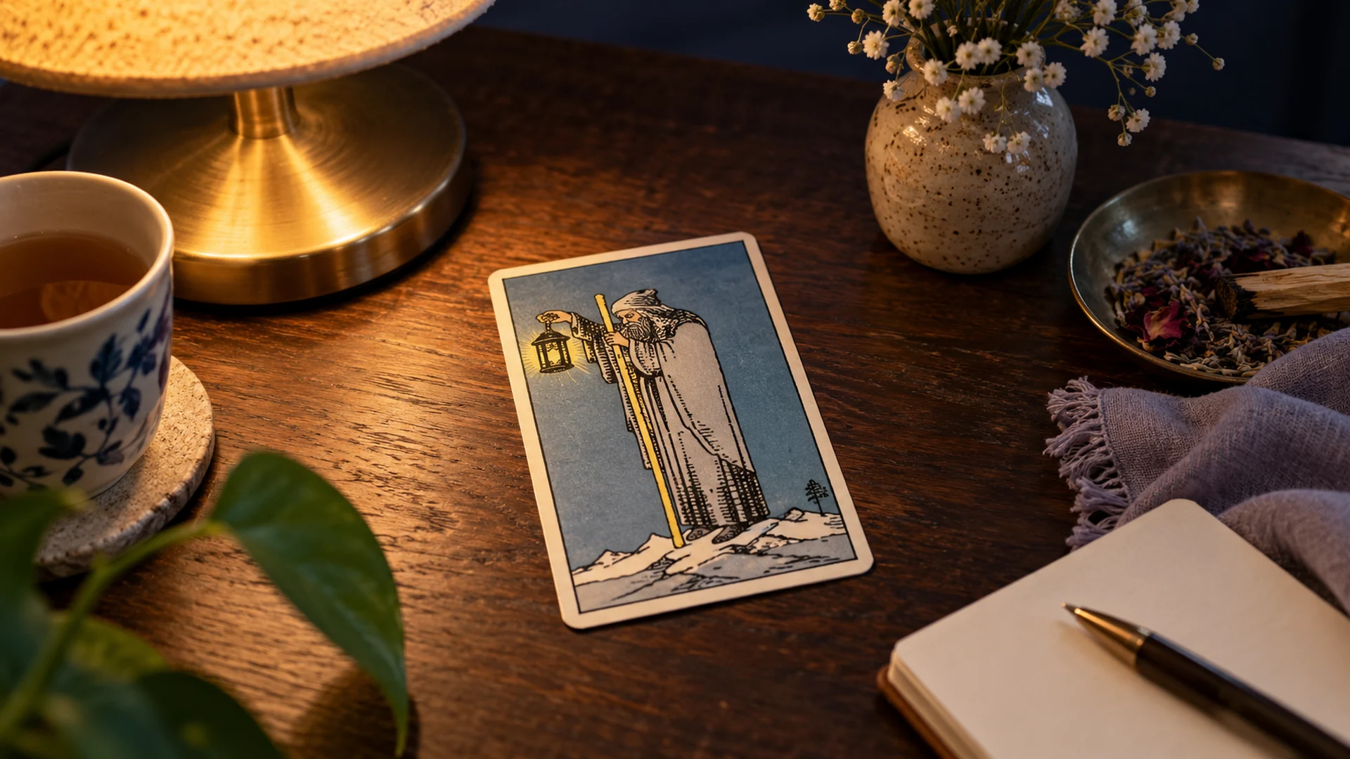Composición editorial de tarot para la guía «El Ermitaño en una relación»