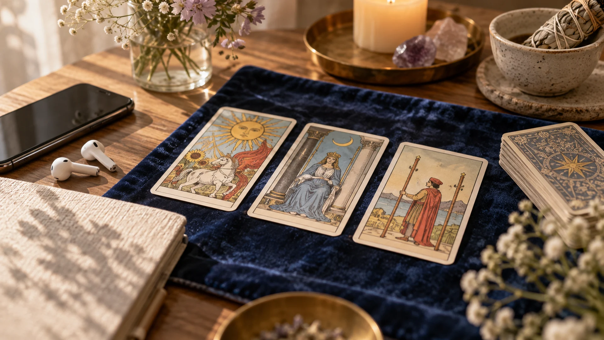 Composición editorial de tarot para la guía «¿Hace falta videollamada para leer el tarot?»