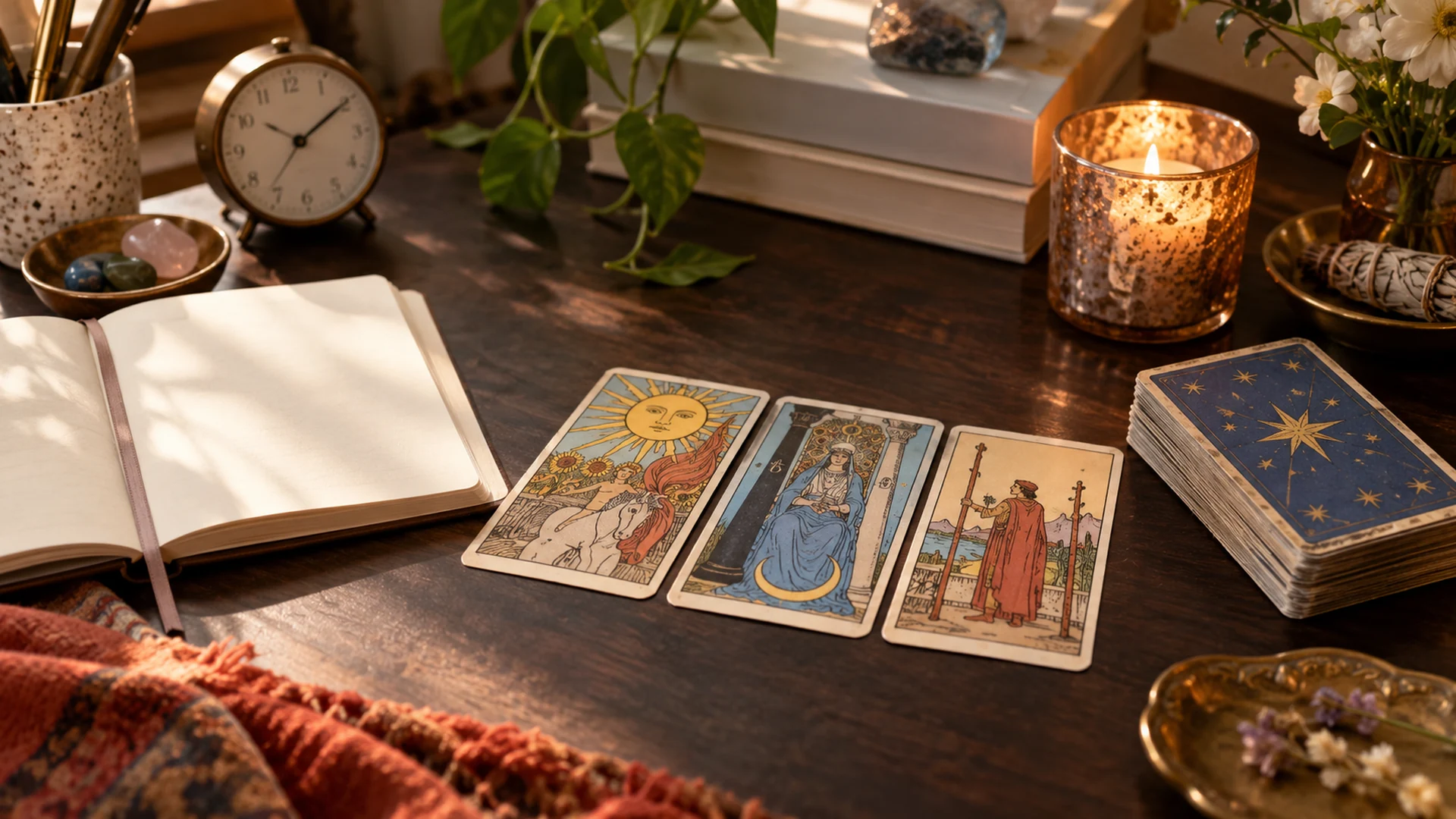 Composición editorial de tarot para la guía «Horarios para una consulta de tarot en Estados Unidos»