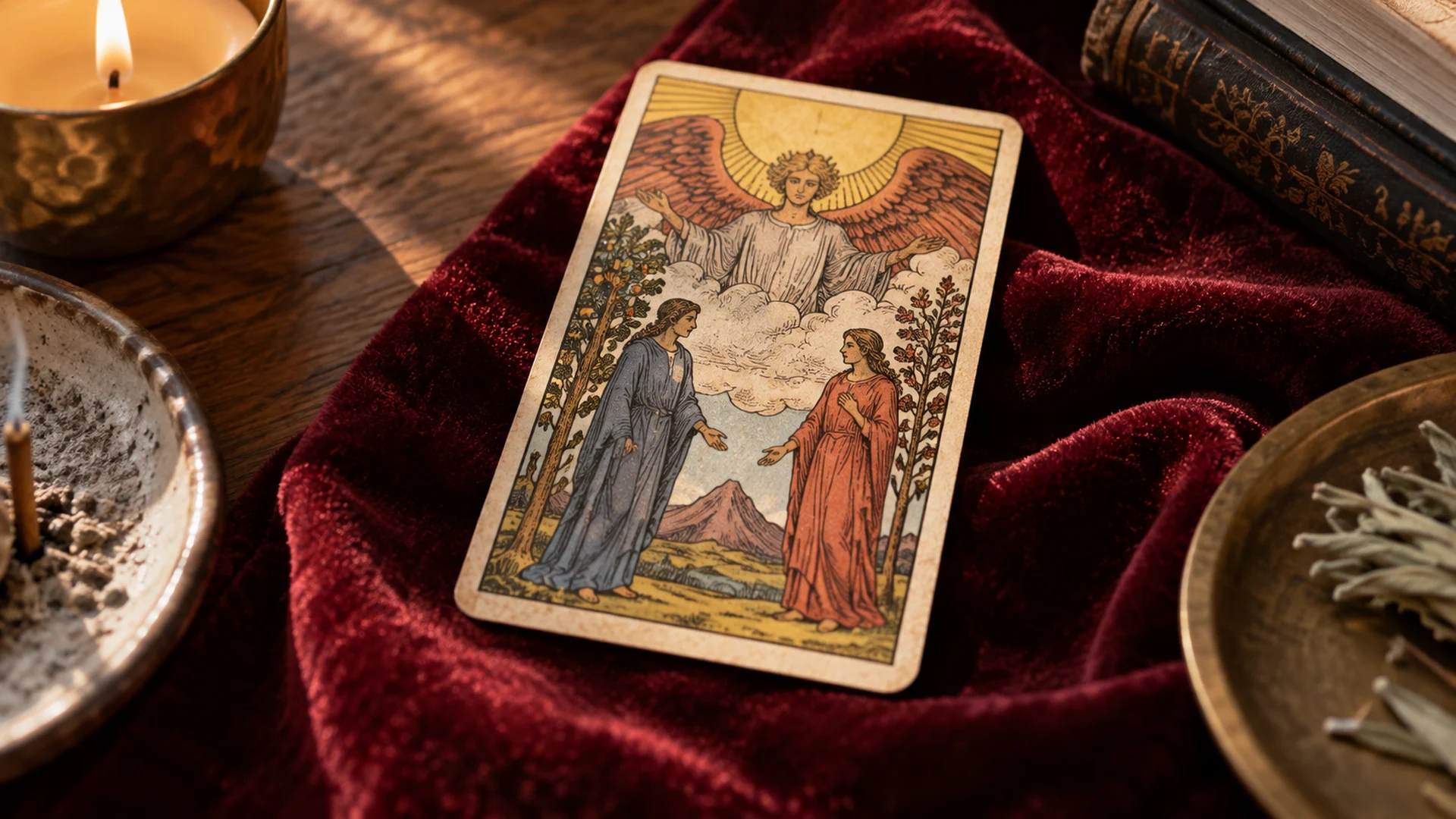 Composición editorial de tarot para la guía «Los Enamorados en el tarot del amor»