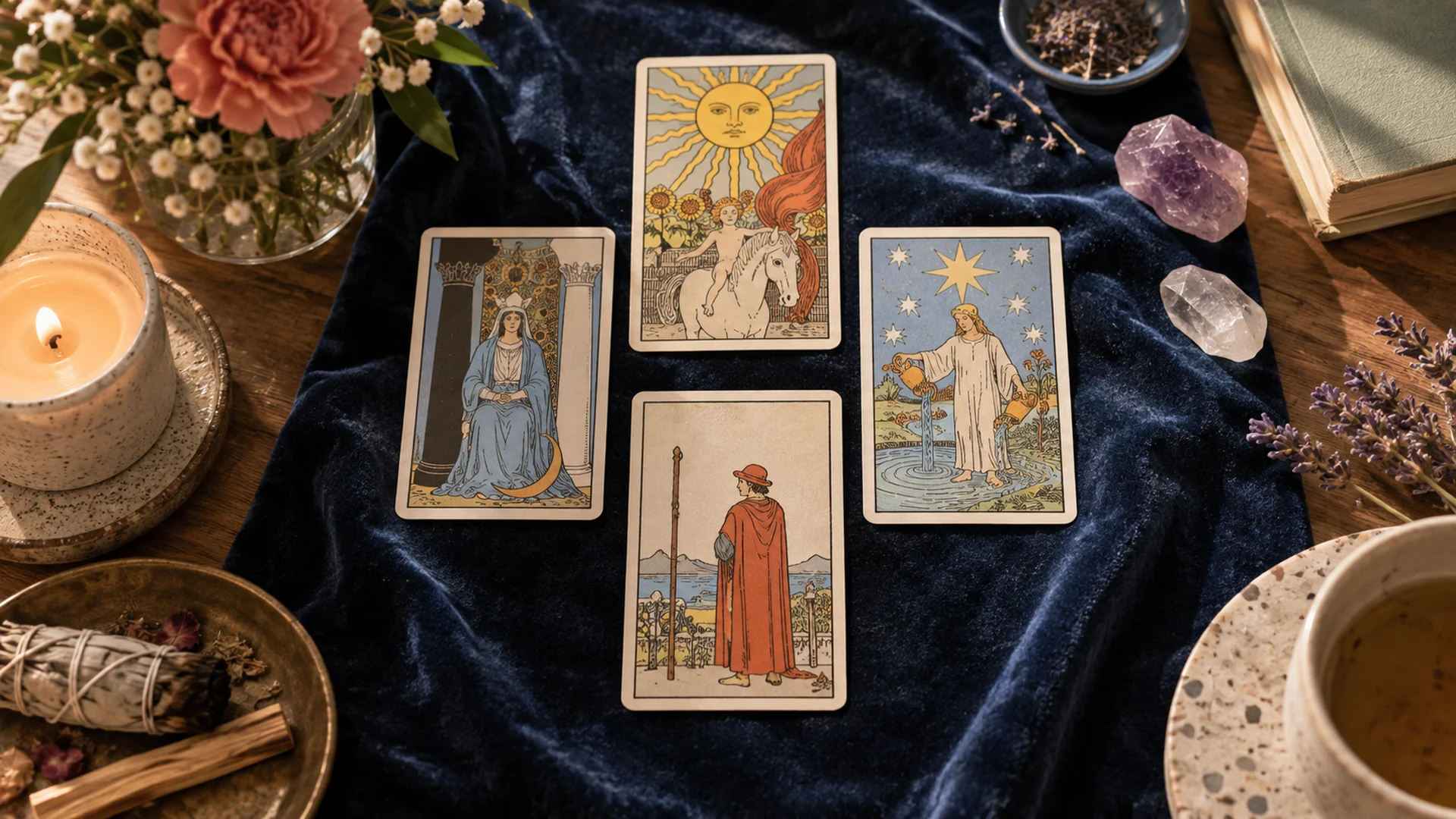 Composición editorial de cartas de tarot para la guía «Muchos arcanos mayores en una tirada: cómo leerlos»