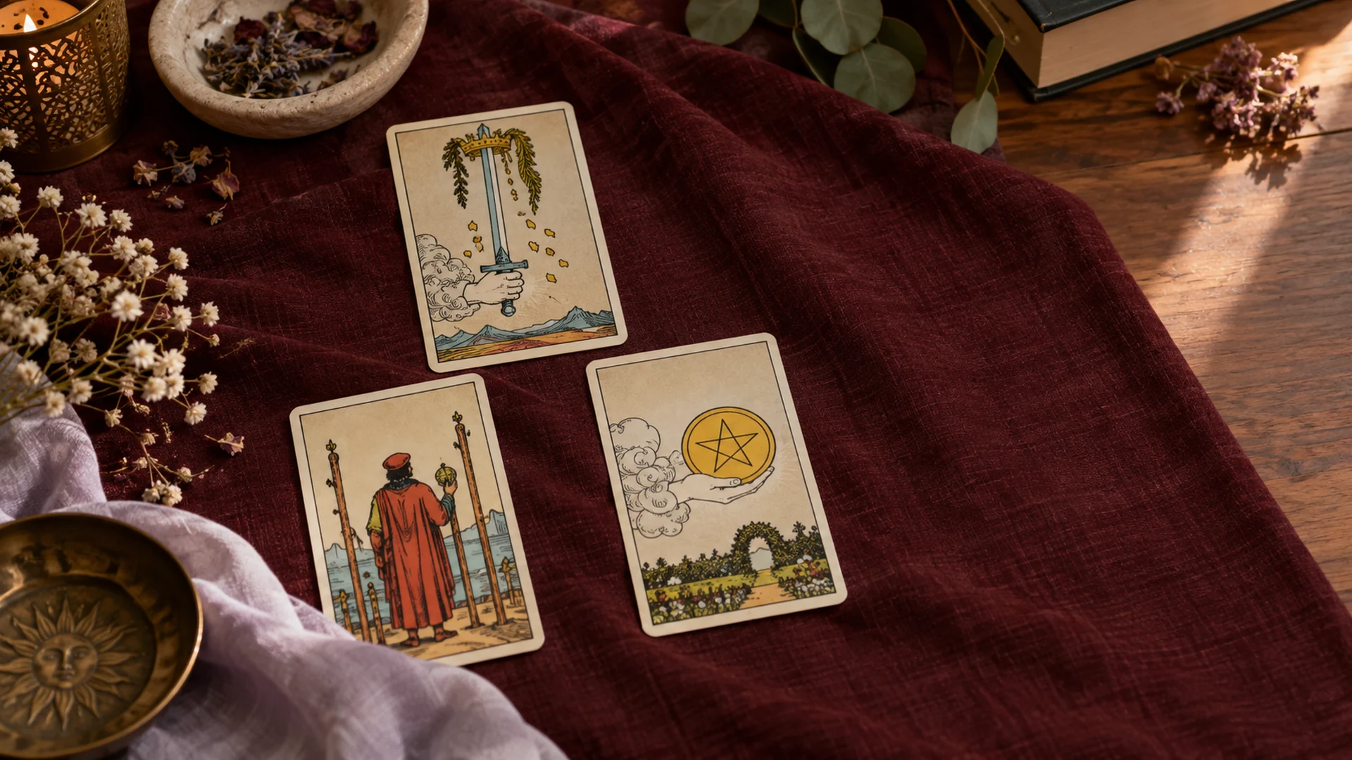 Composición editorial de cartas de tarot para la guía «Qué significa que no aparezcan Copas»