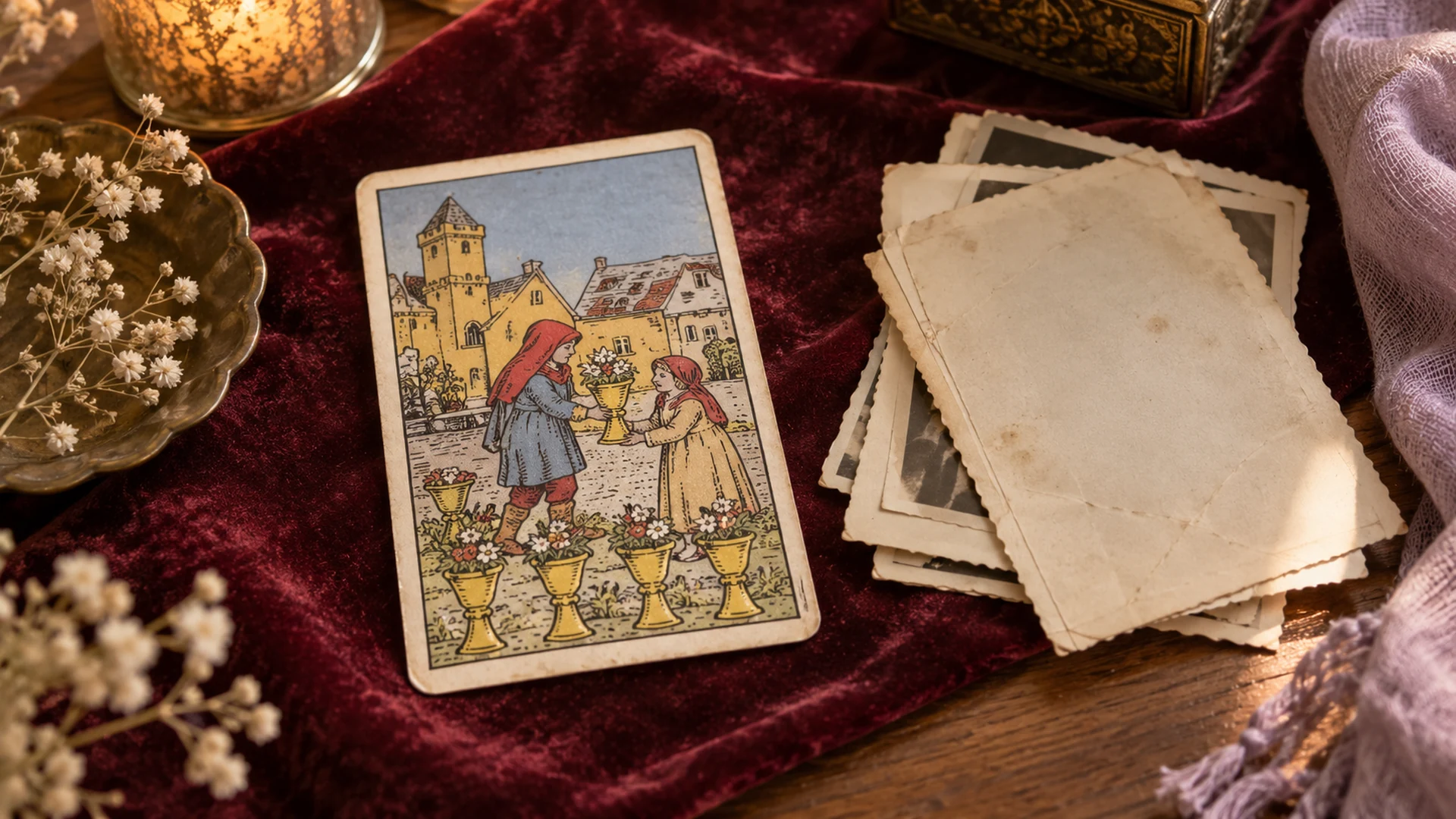 Composición editorial de tarot para la guía «Seis de Copas y alguien del pasado»
