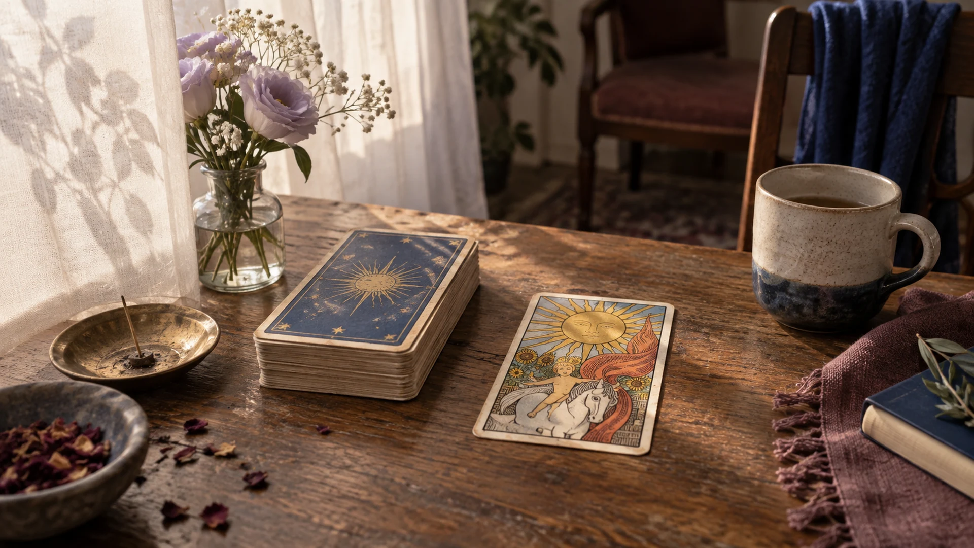 Composición editorial de tarot para la guía «Tarot cuando una relación está en pausa»