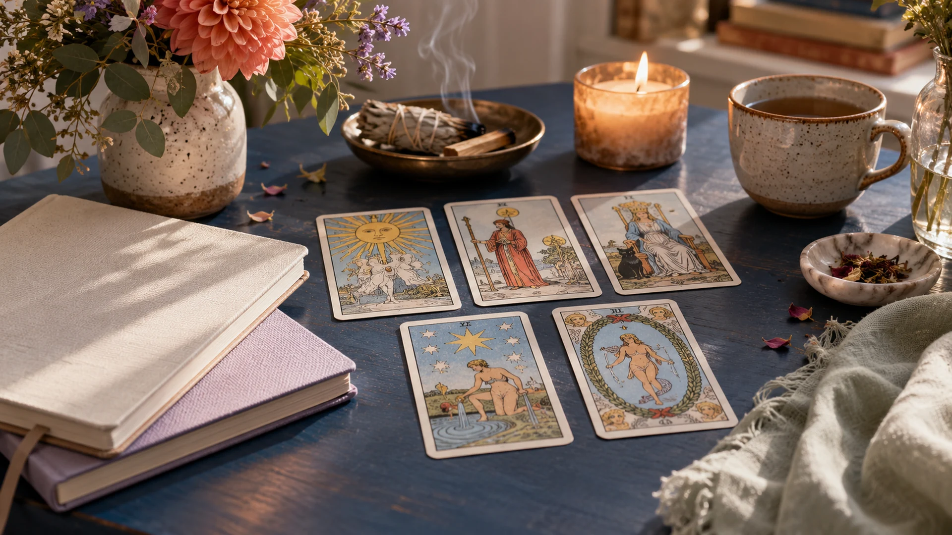 Composición editorial de tarot para la guía «Consultar tarot en español en Estados Unidos: los matices del idioma»