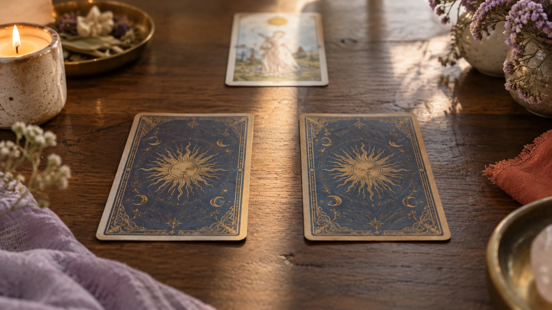 Composición editorial de cartas de tarot para la guía «Tarot sí o no: cuándo tiene sentido y dónde se queda corto»