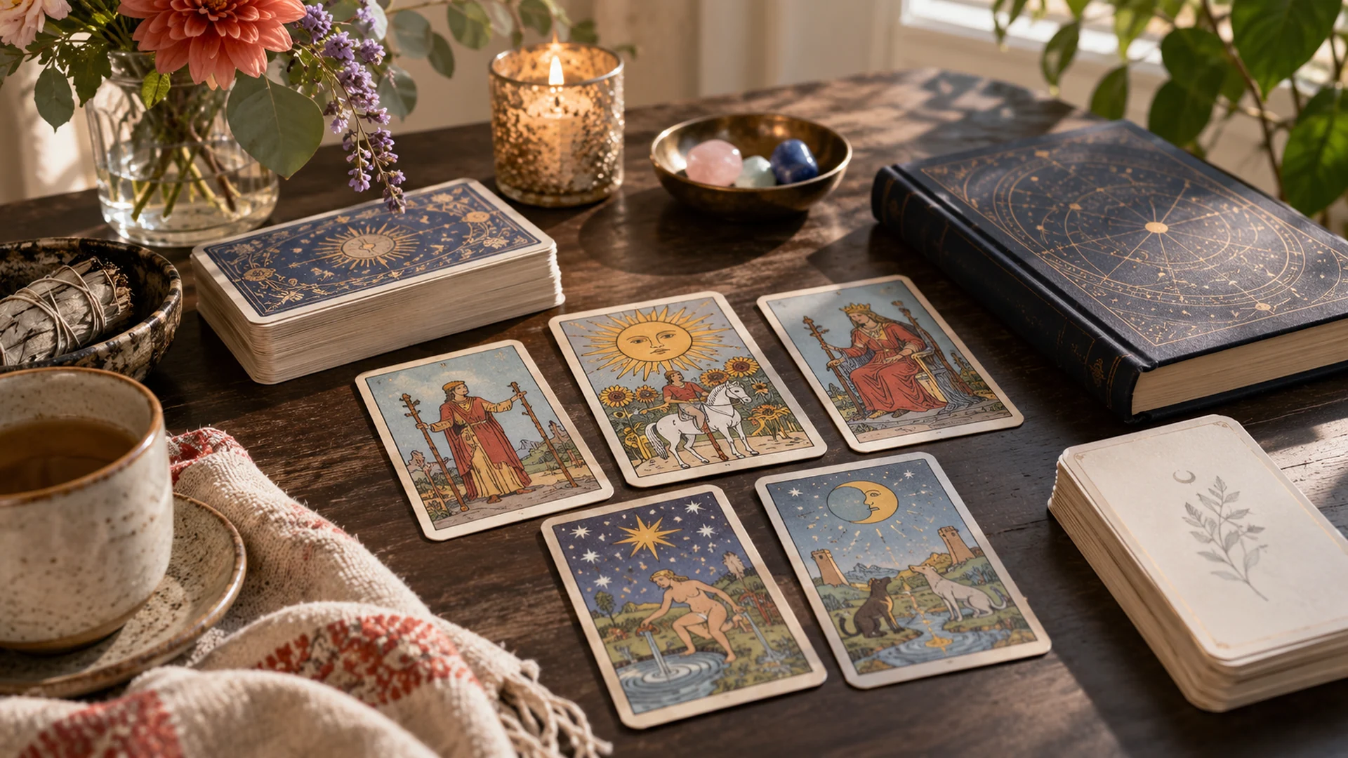 Composición editorial de tarot para la guía «Tarot, oráculo y astrología: qué cambia»