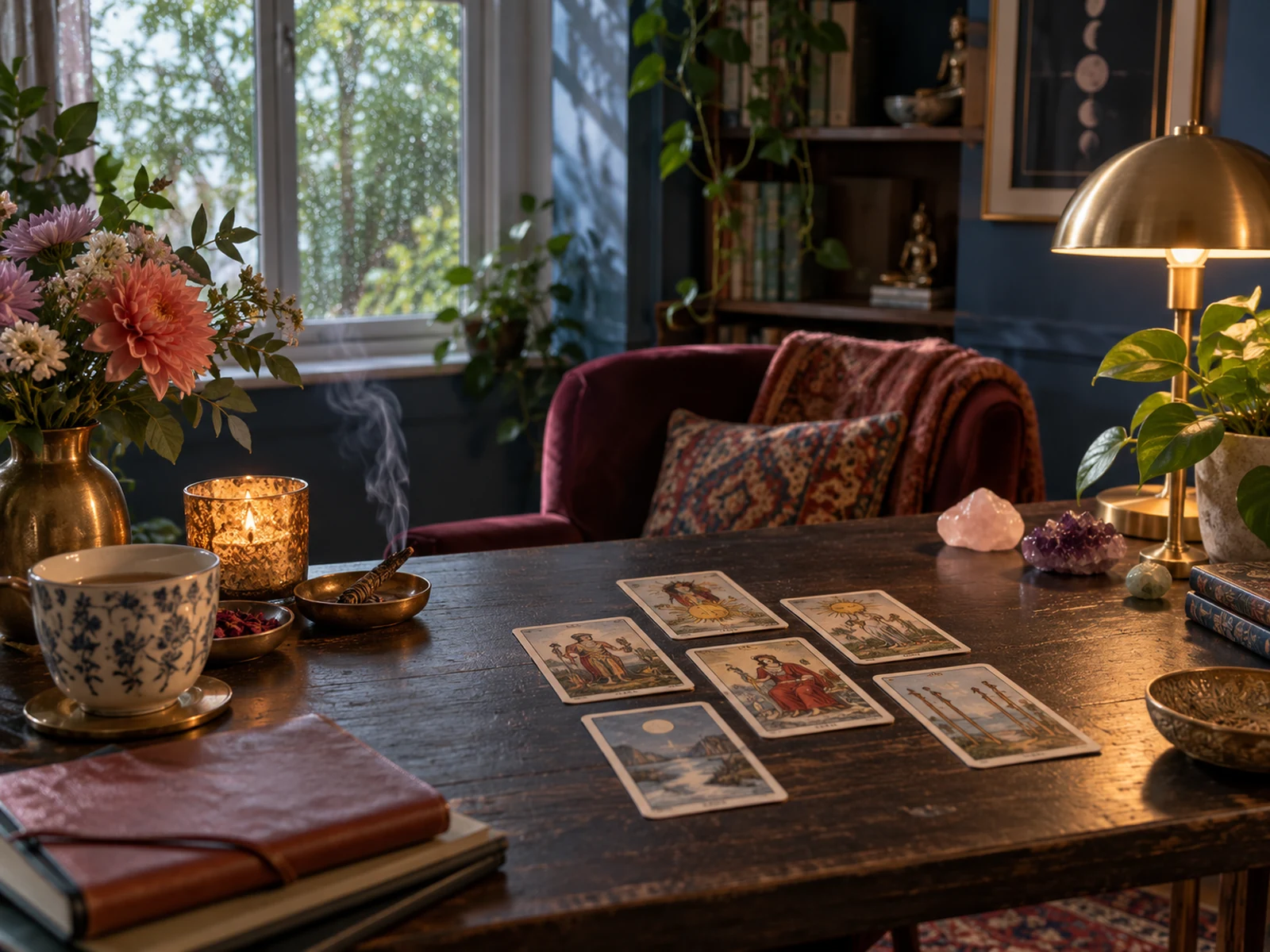 Rincón de lectura de tarot en una escena editorial inspirada en Atlanta
