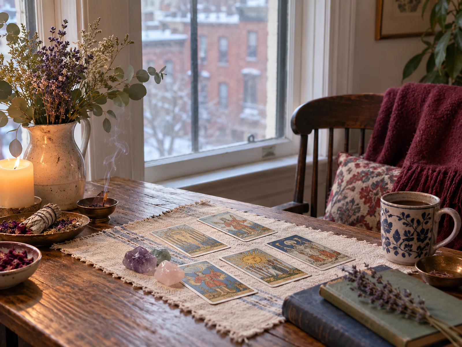 Rincón de lectura de tarot en una escena editorial inspirada en Boston
