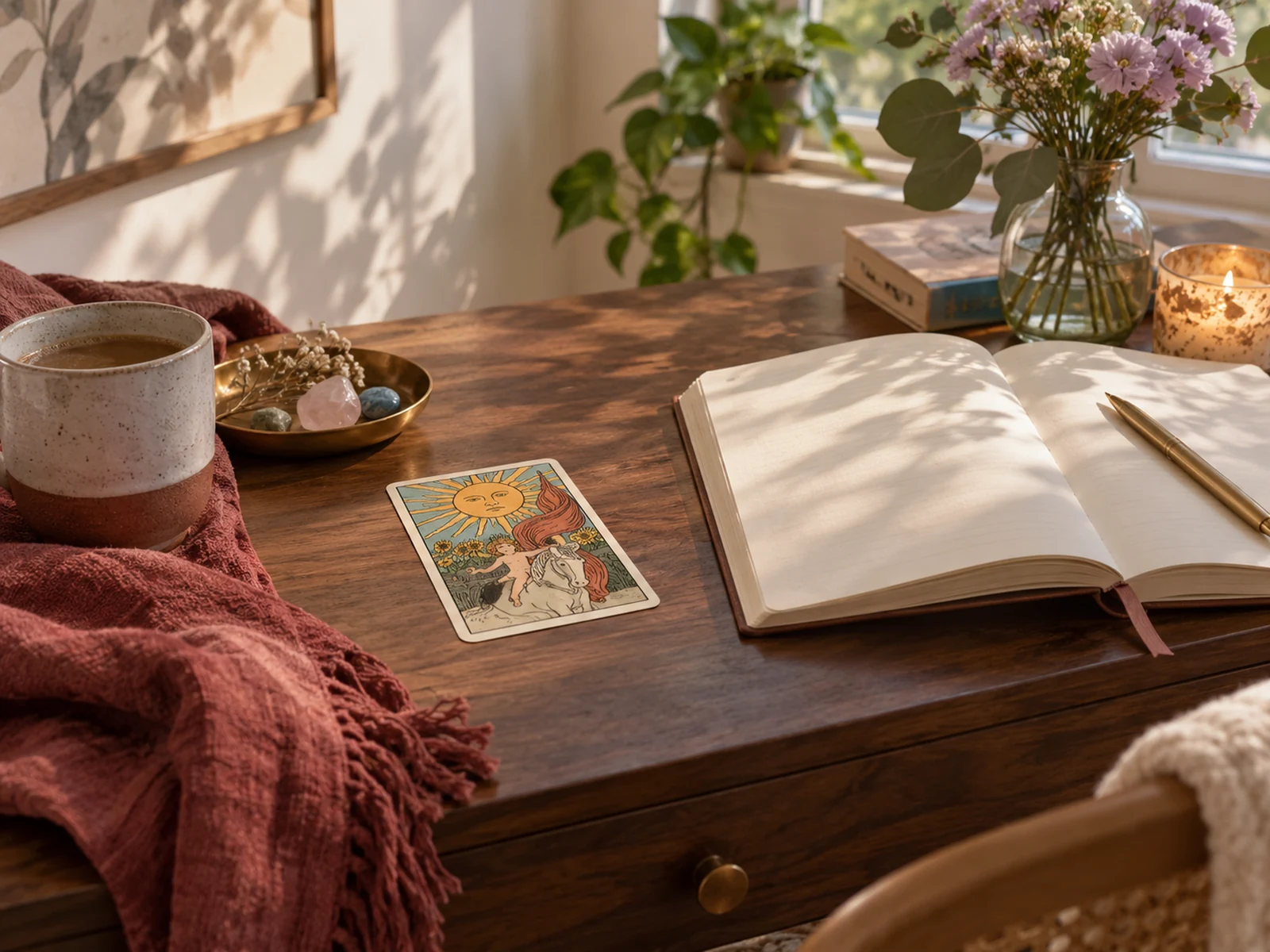Rincón de lectura de tarot en una escena editorial inspirada en Charlotte