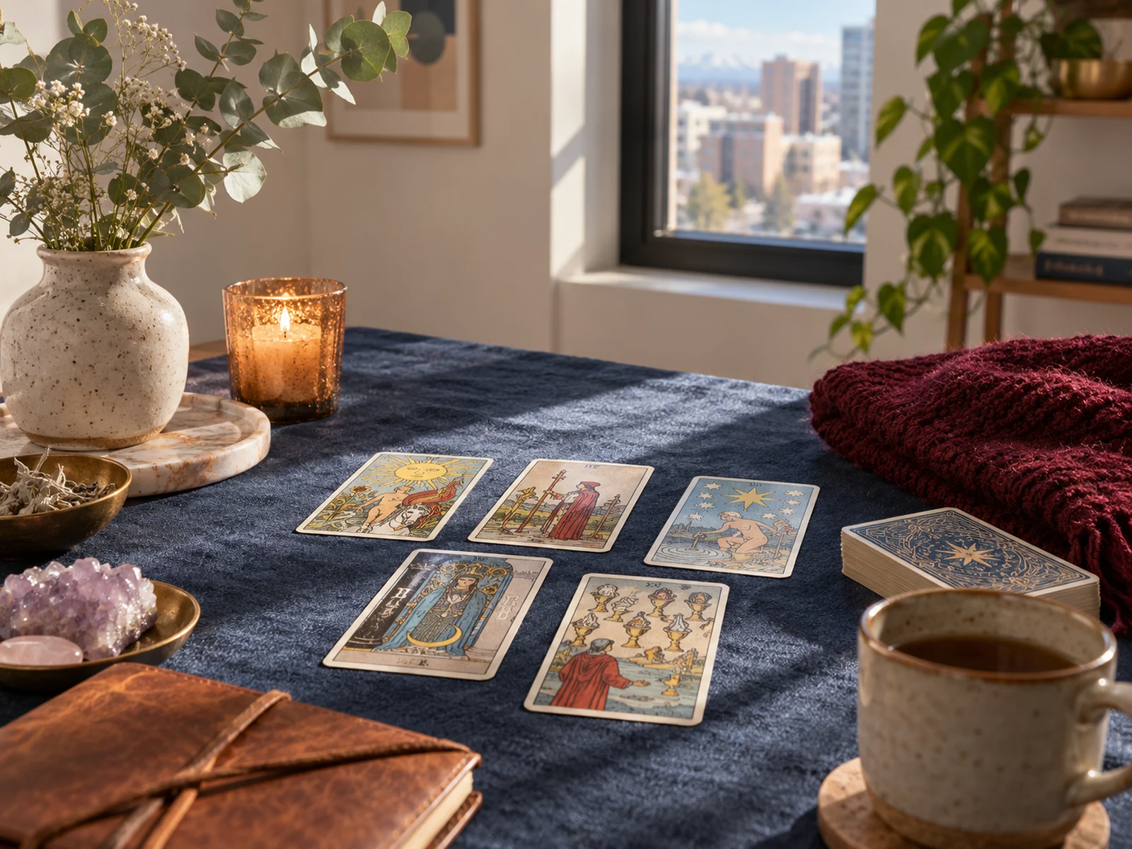 Rincón de lectura de tarot en una escena editorial inspirada en Denver