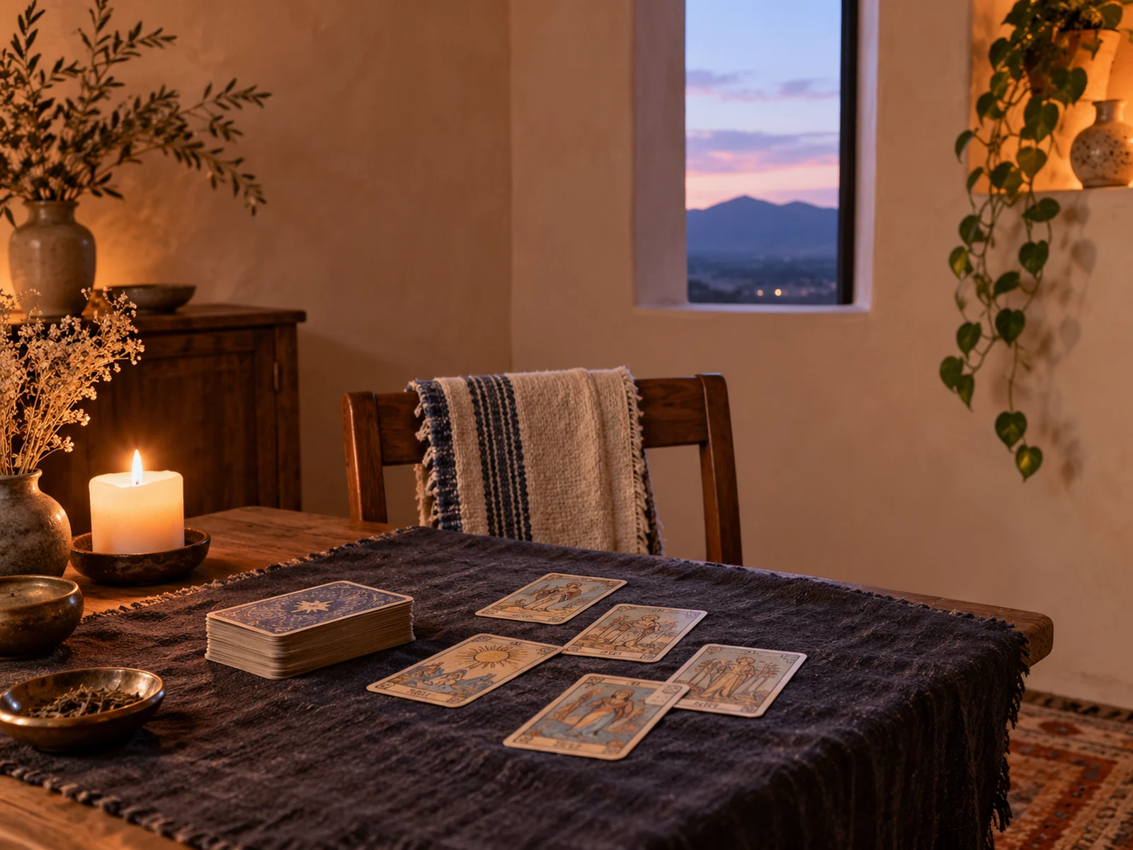 Rincón de lectura de tarot en una escena editorial inspirada en El Paso
