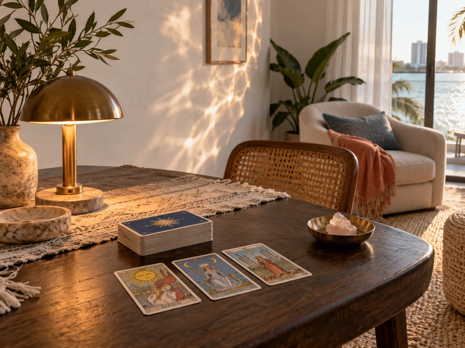 Rincón de lectura de tarot en una escena editorial inspirada en Fort Lauderdale