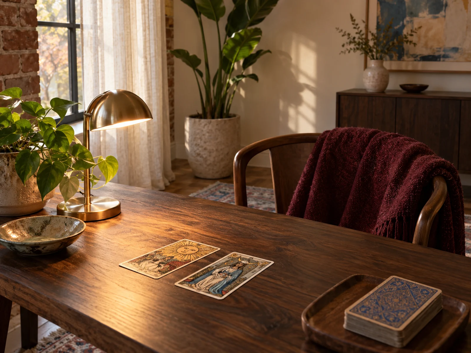 Rincón de lectura de tarot en una escena editorial inspirada en Fort Worth