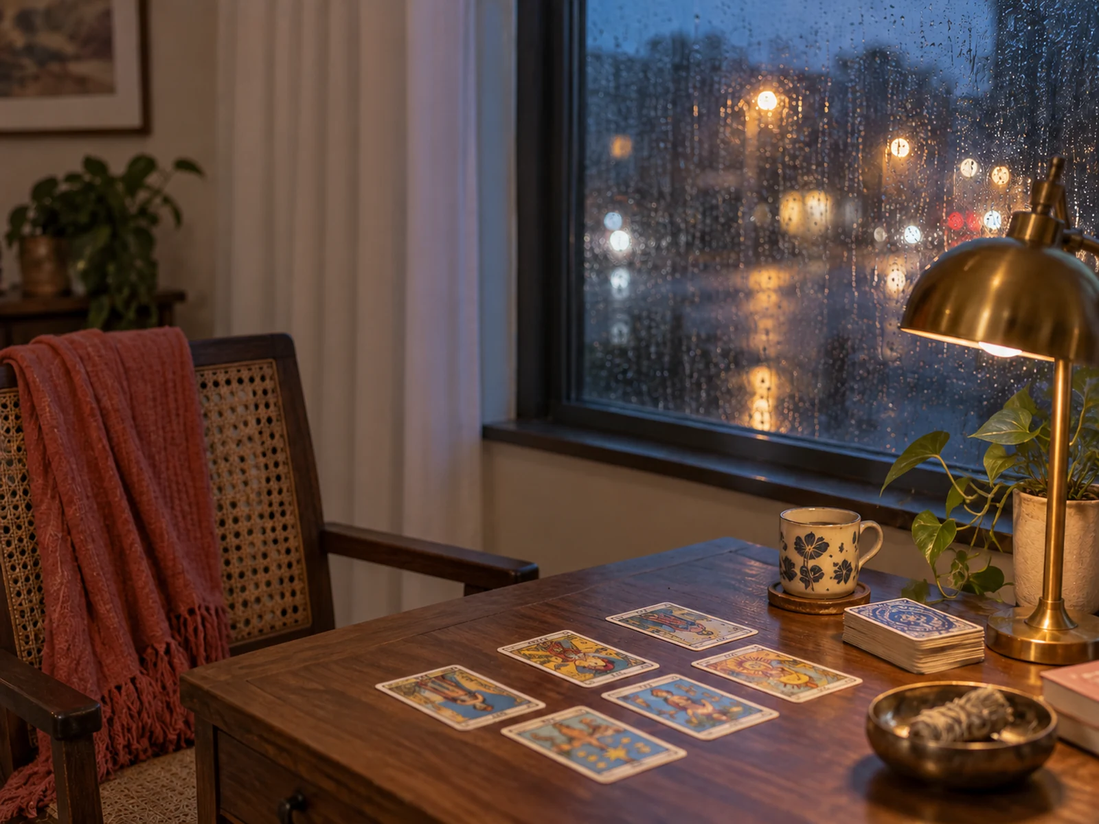 Rincón de lectura de tarot en una escena editorial inspirada en Houston