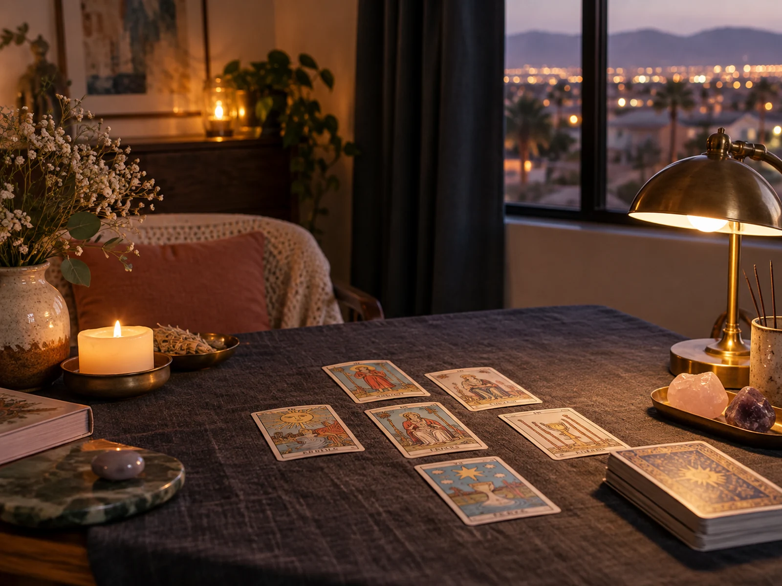 Rincón de lectura de tarot en una escena editorial inspirada en Las Vegas