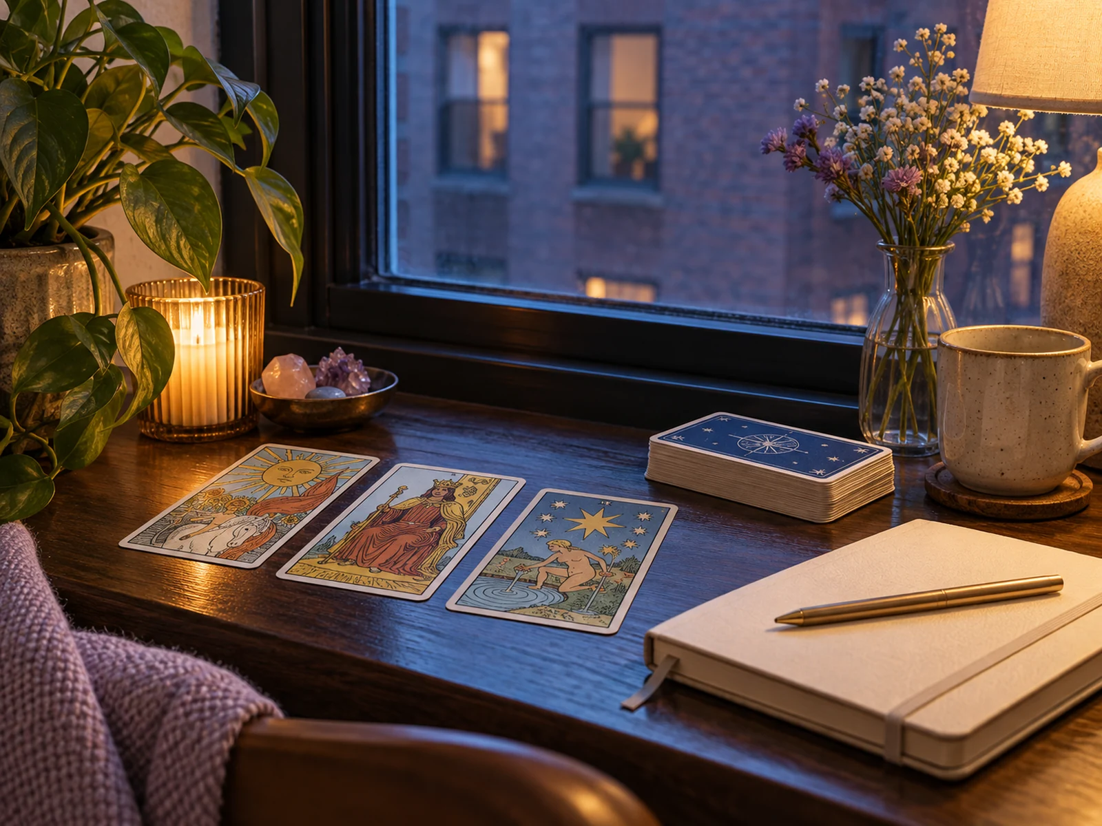 Rincón de lectura de tarot en una escena editorial inspirada en Nueva York