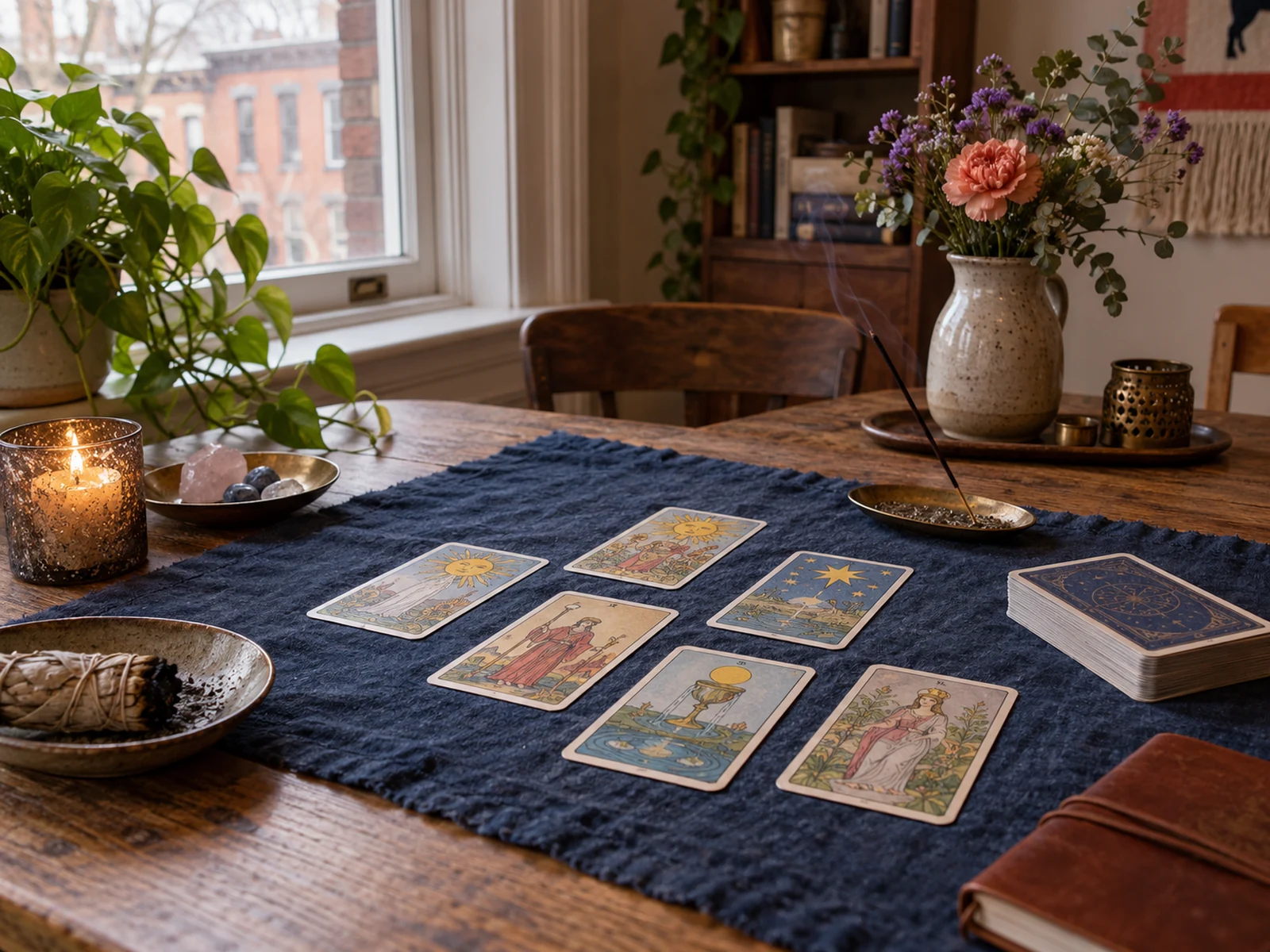 Rincón de lectura de tarot en una escena editorial inspirada en Filadelfia