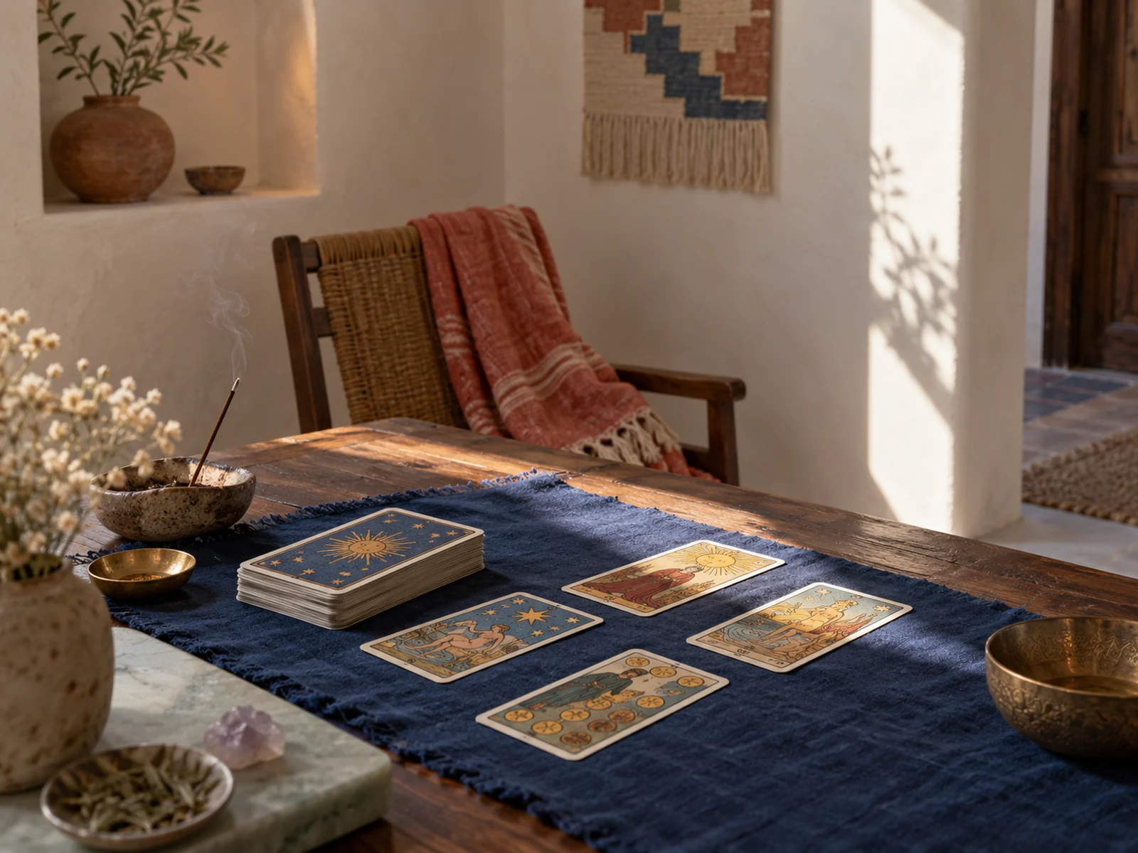 Rincón de lectura de tarot en una escena editorial inspirada en Phoenix