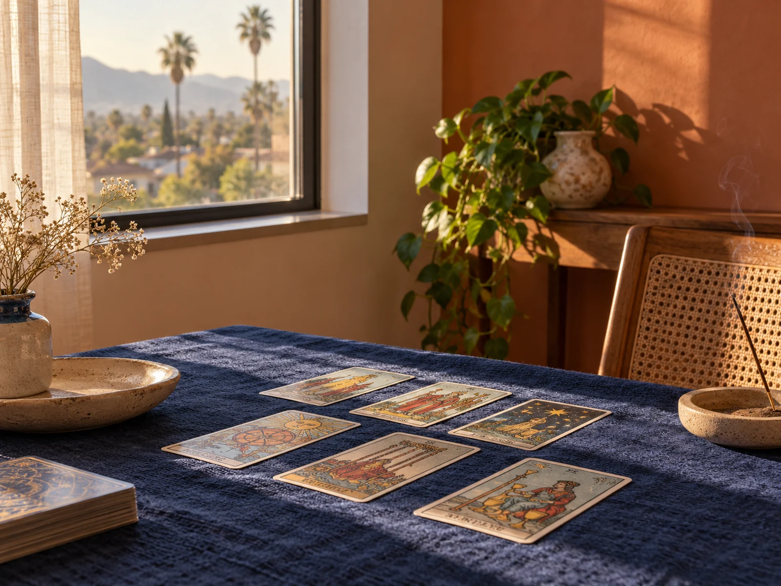 Rincón de lectura de tarot en una escena editorial inspirada en Riverside