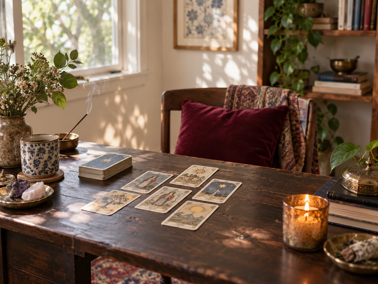 Rincón de lectura de tarot en una escena editorial inspirada en Sacramento