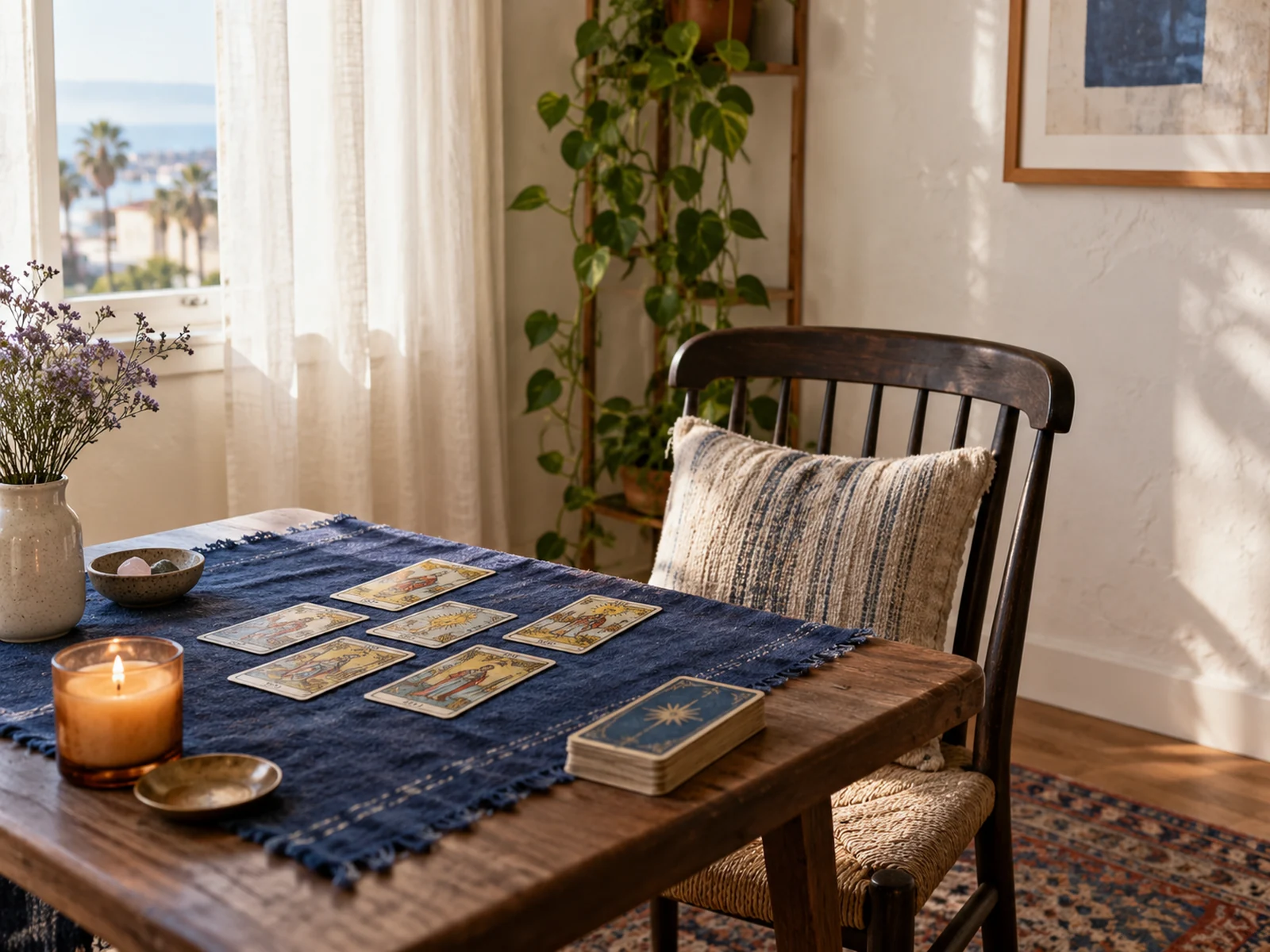 Rincón de lectura de tarot en una escena editorial inspirada en San Diego