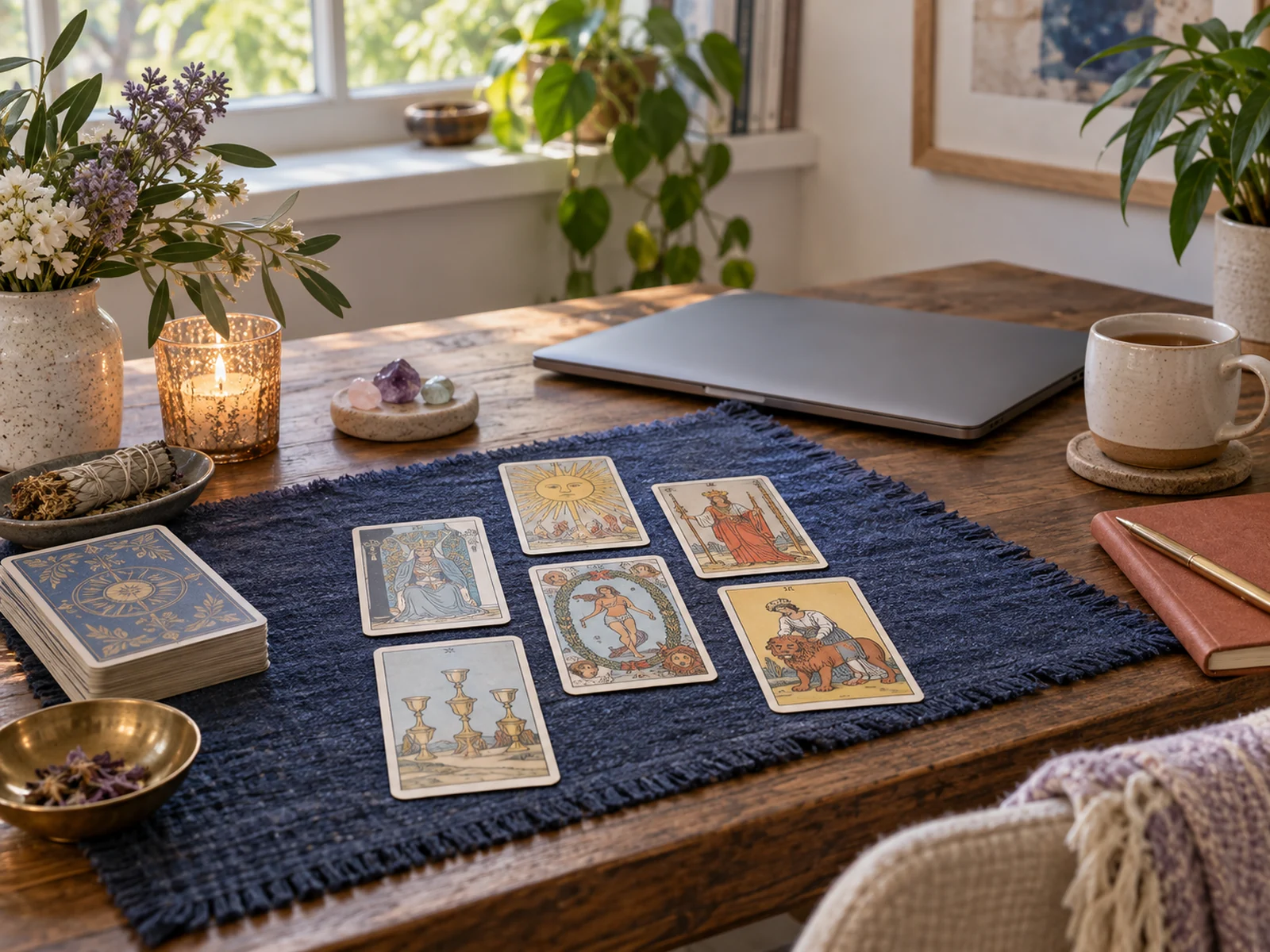 Rincón de lectura de tarot en una escena editorial inspirada en San José