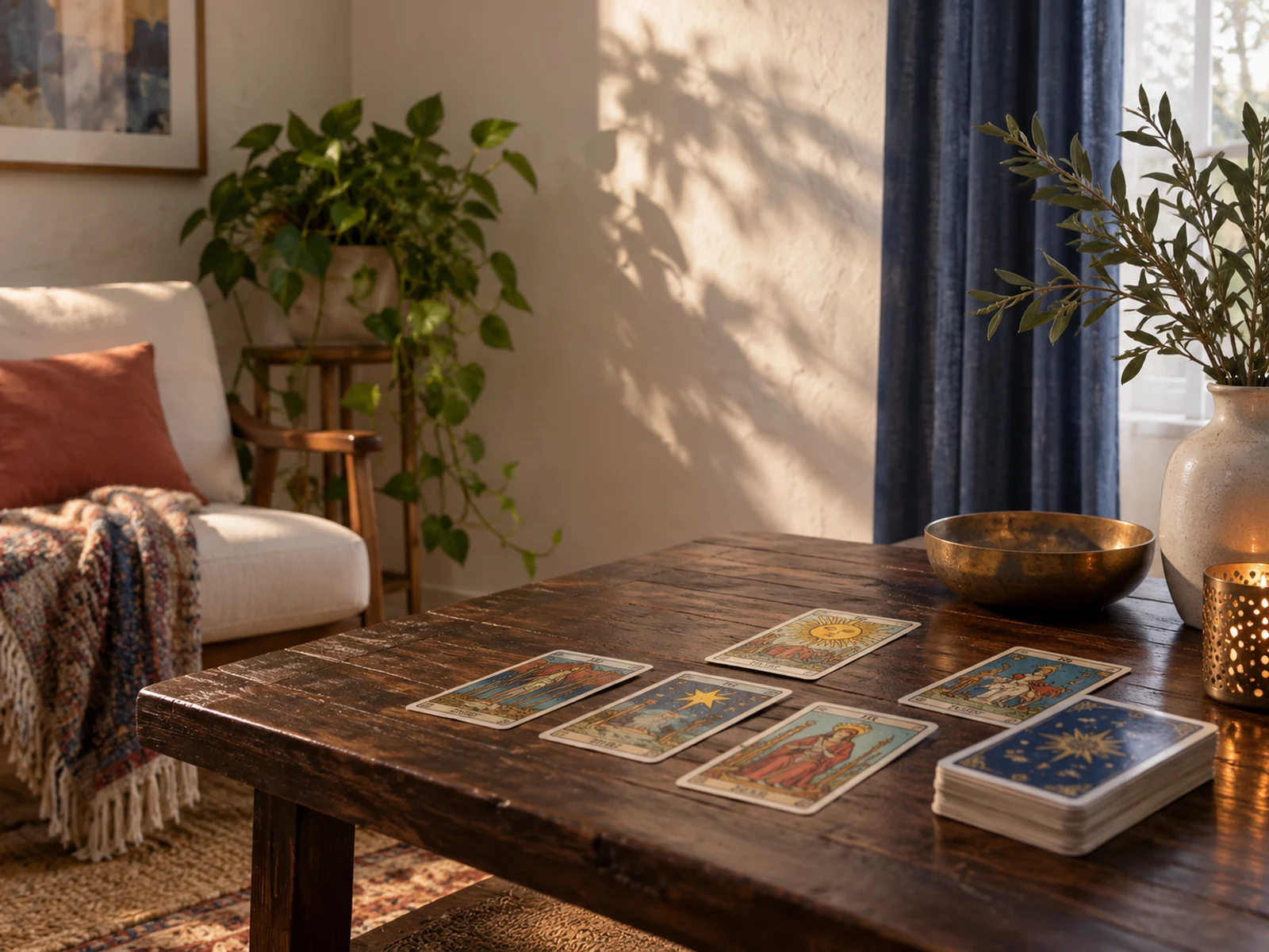Rincón de lectura de tarot en una escena editorial inspirada en Tampa
