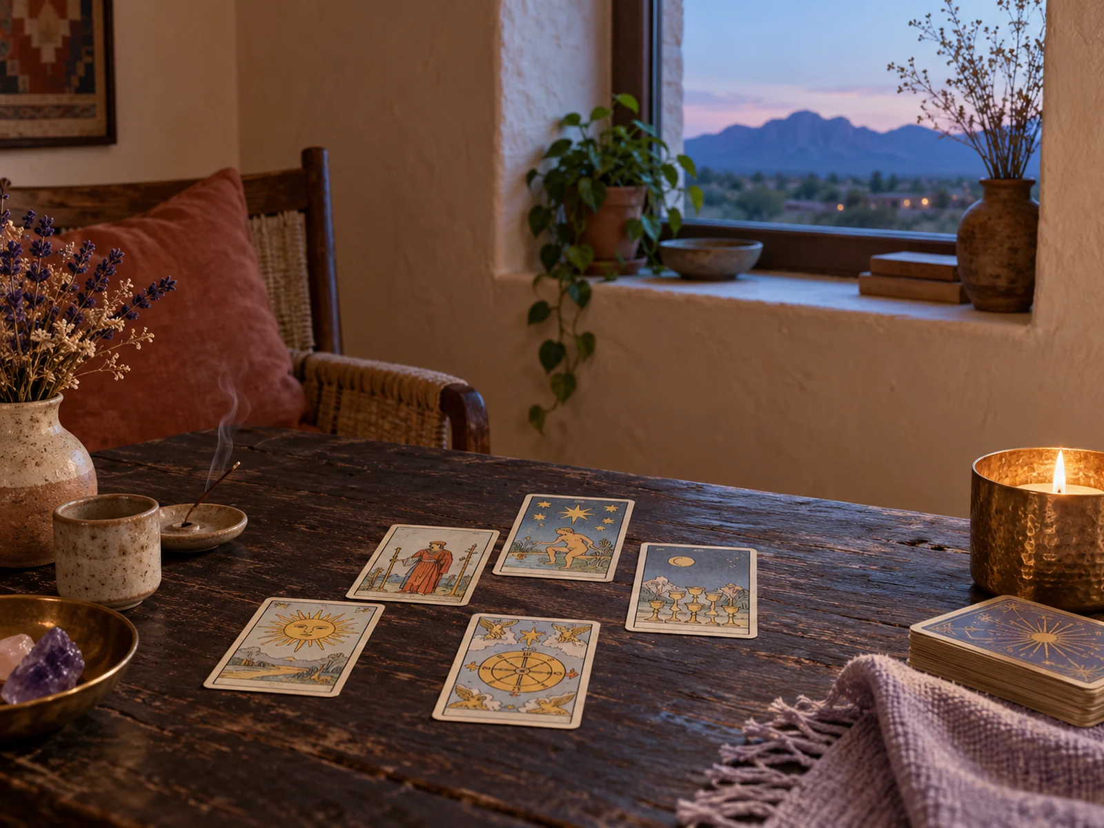 Rincón de lectura de tarot en una escena editorial inspirada en Tucson