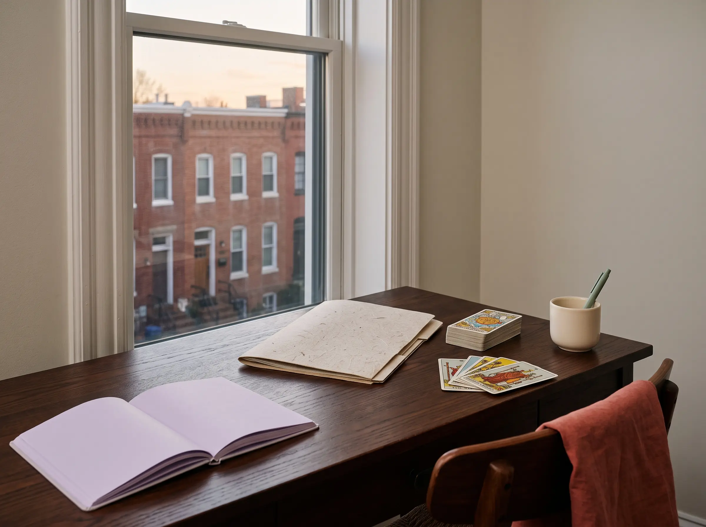 Rincón de lectura de tarot en una escena editorial inspirada en Washington D. C.