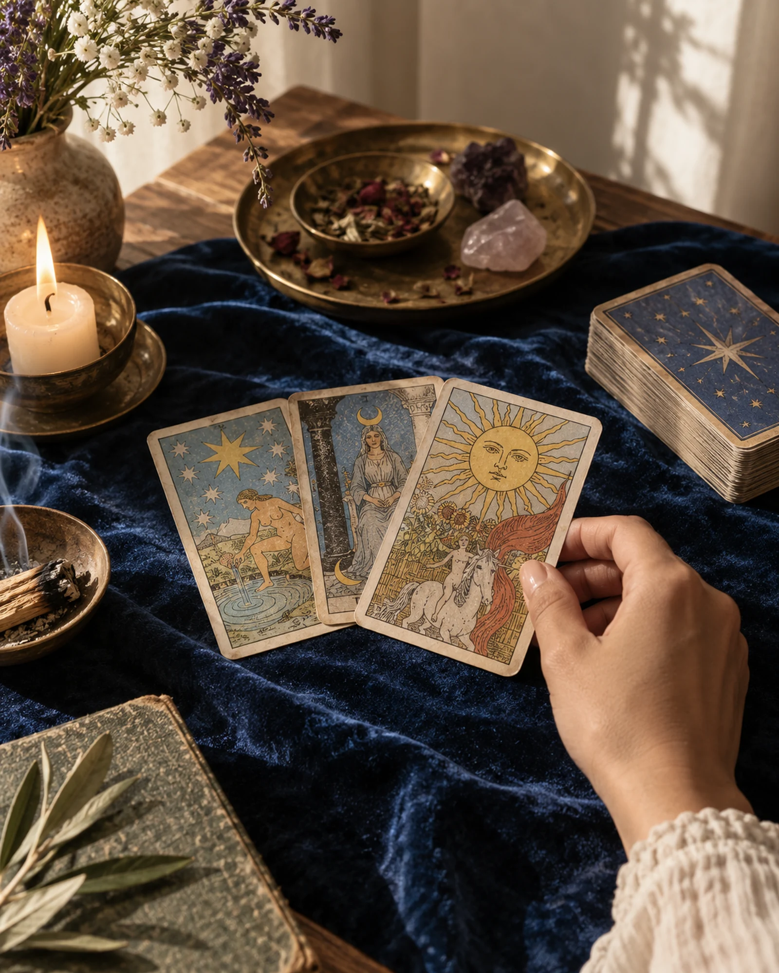 Cartas de tarot sobre terciopelo azul noche iluminadas por una luz cálida lateral