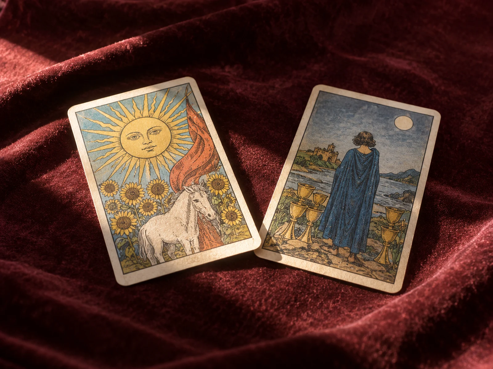 Cartas y objetos de una lectura de tarot en una composición editorial
