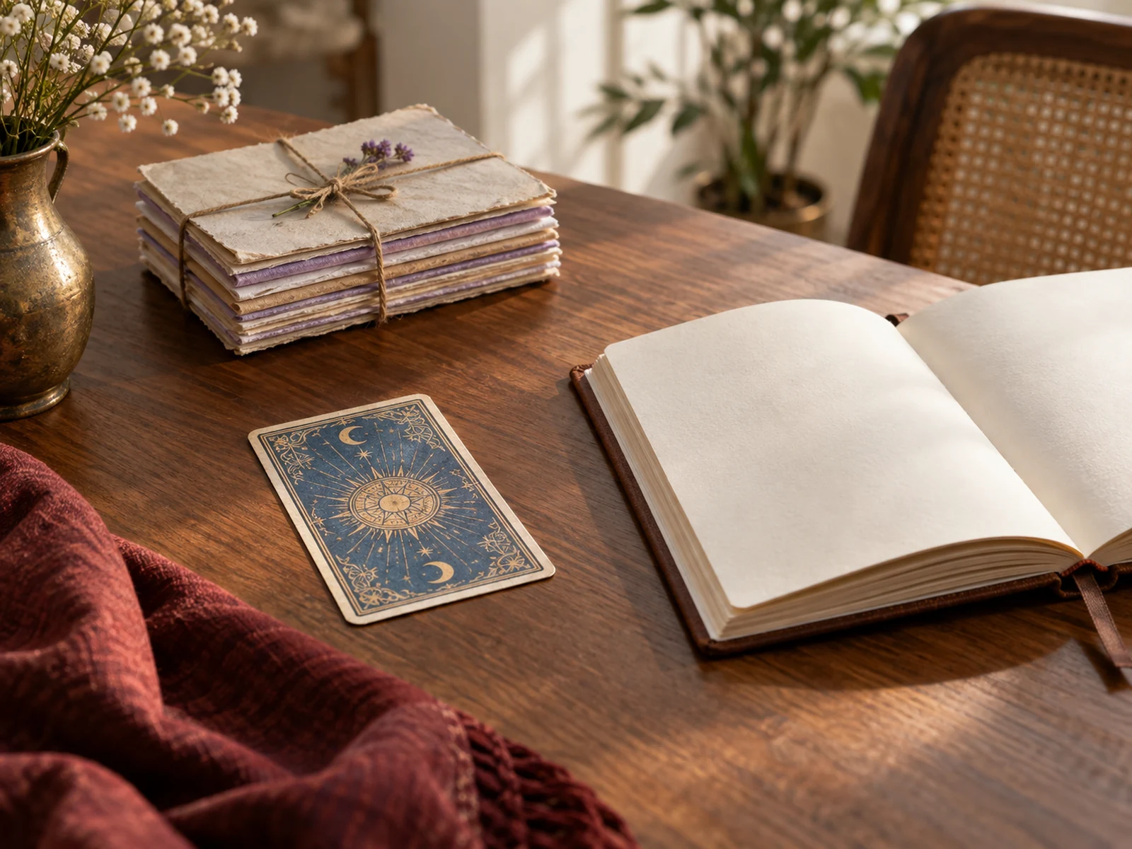 Cartas y objetos de una lectura de tarot en una composición editorial