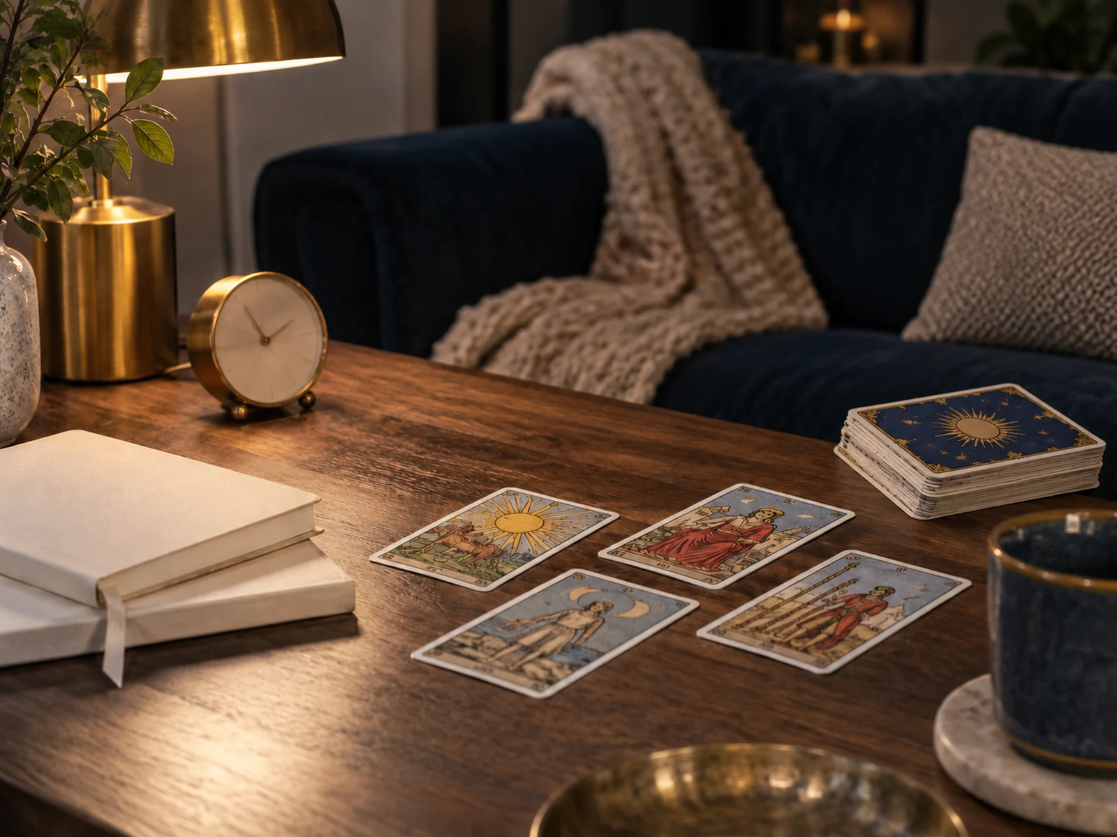 Cartas y objetos de una lectura de tarot en una composición editorial