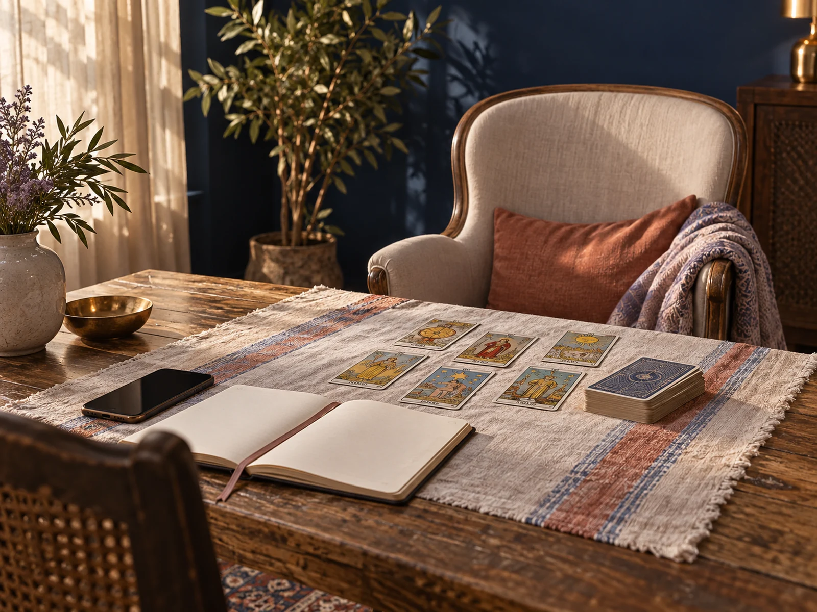 Cartas y objetos de una lectura de tarot en una composición editorial