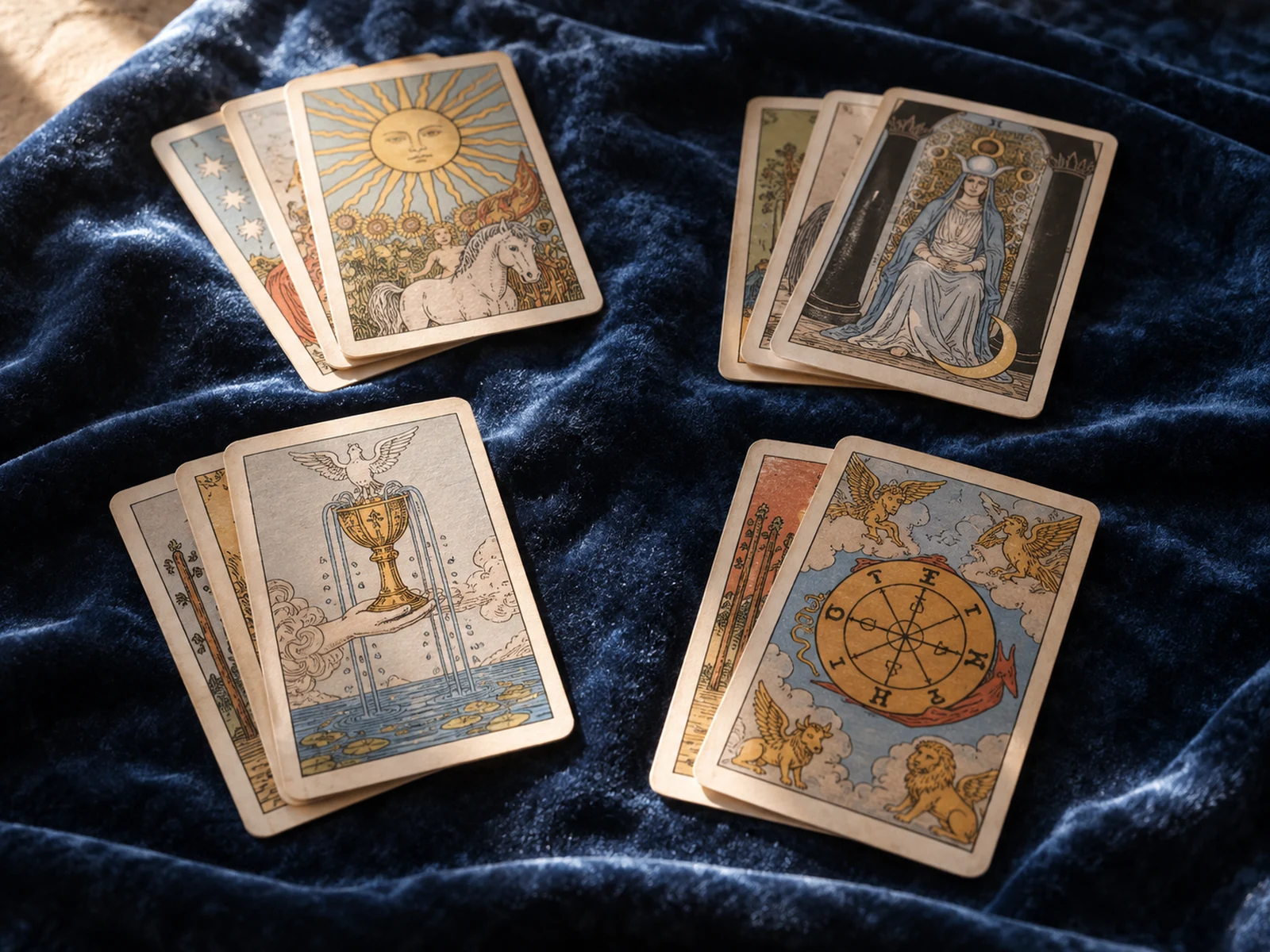 Cartas y objetos de una lectura de tarot en una composición editorial