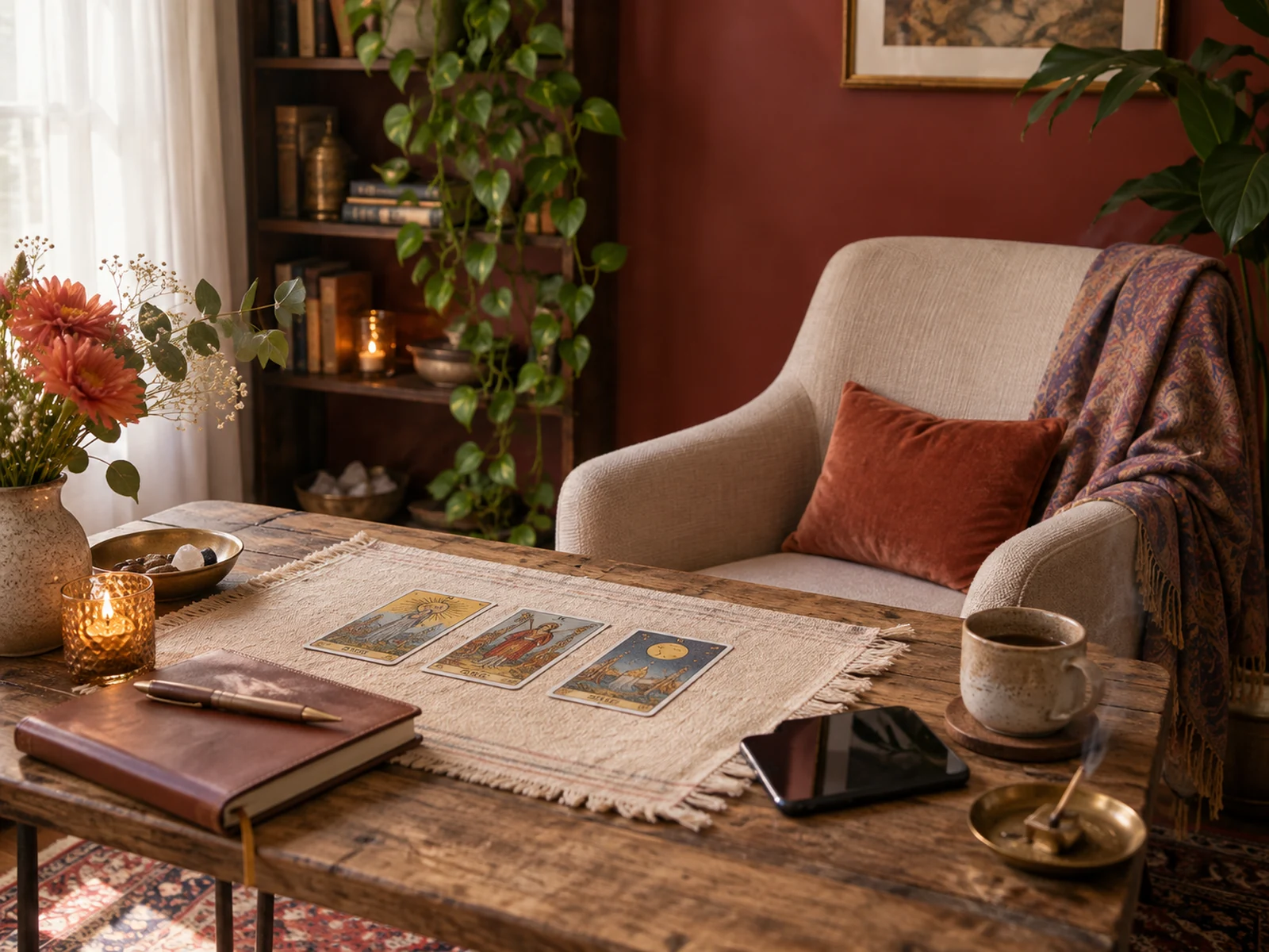 Cartas y objetos de una lectura de tarot en una composición editorial