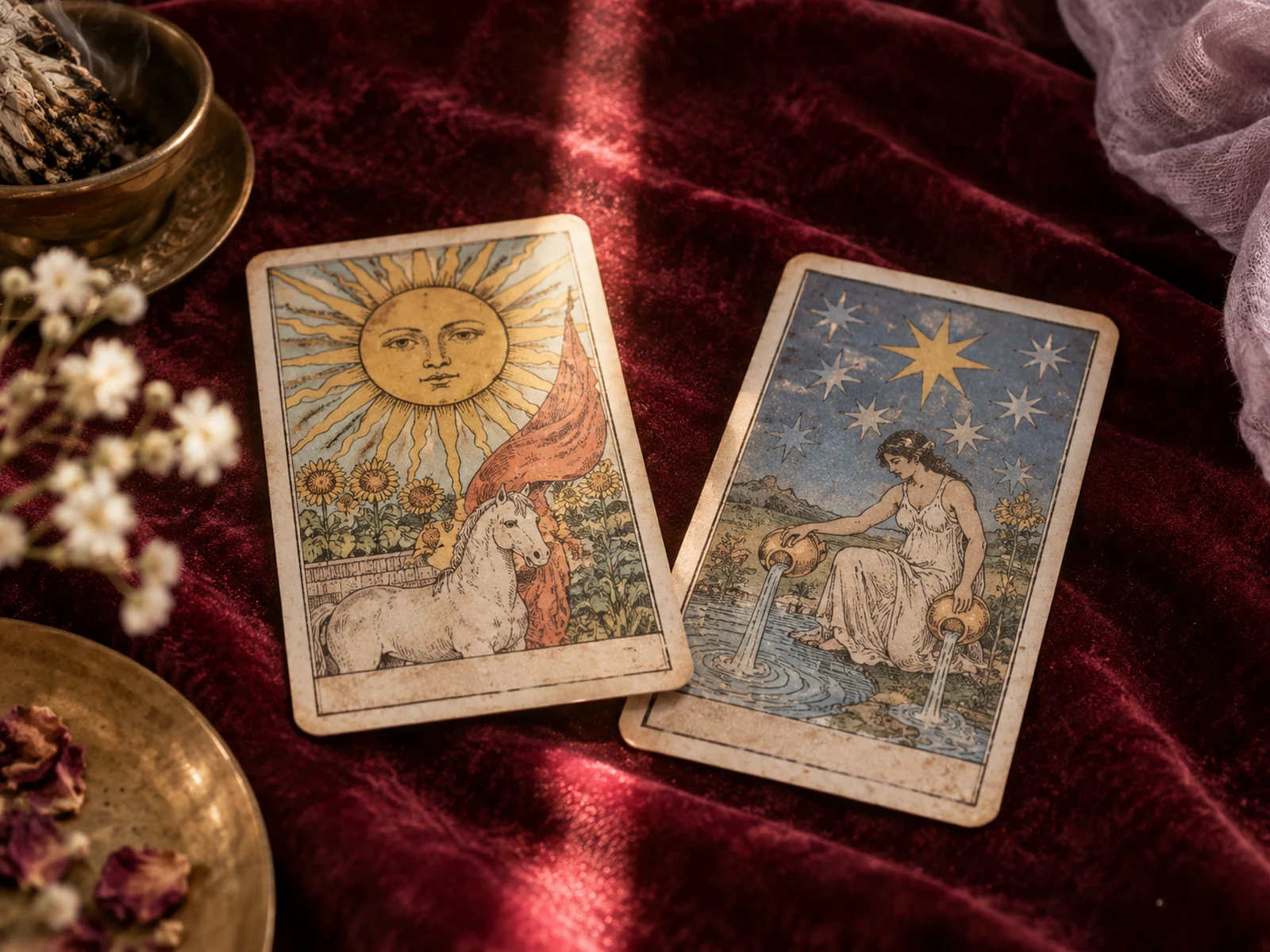 Dos cartas cercanas sobre terciopelo burdeos con una franja de luz entre ellas