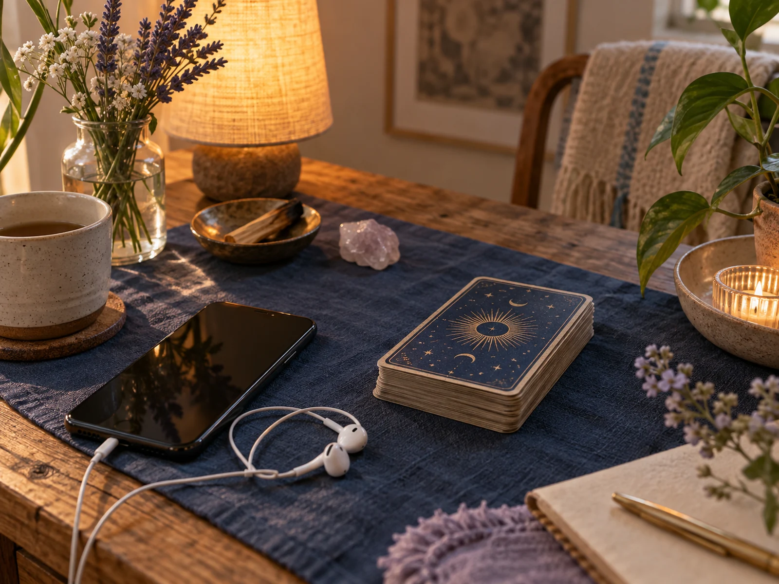 Teléfono y auriculares junto a una baraja en un rincón de lectura privado