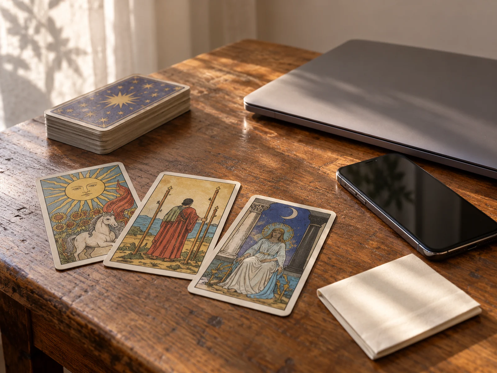 Cartas y objetos de una lectura de tarot en una composición editorial