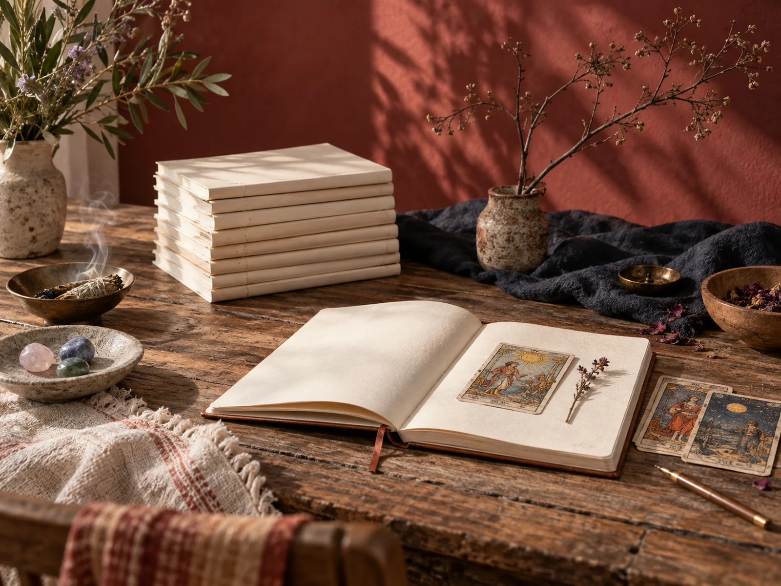 Ocho cuadernos finos y una rama con raíces en una mesa de escritura